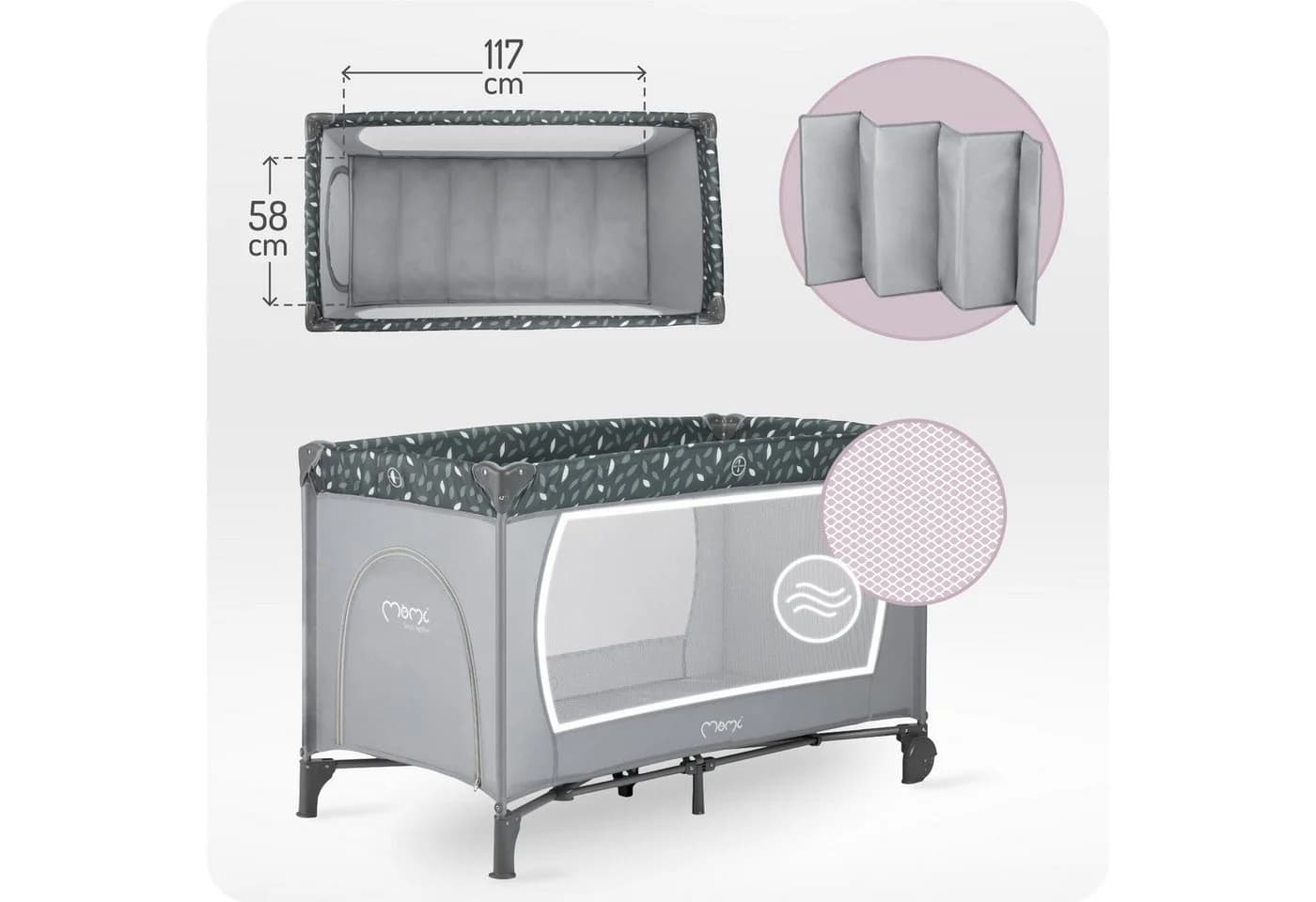 MoMi Baby-Reisebett Belove 3-in-1 Grau mit Matratze & Rollen - Bild 3