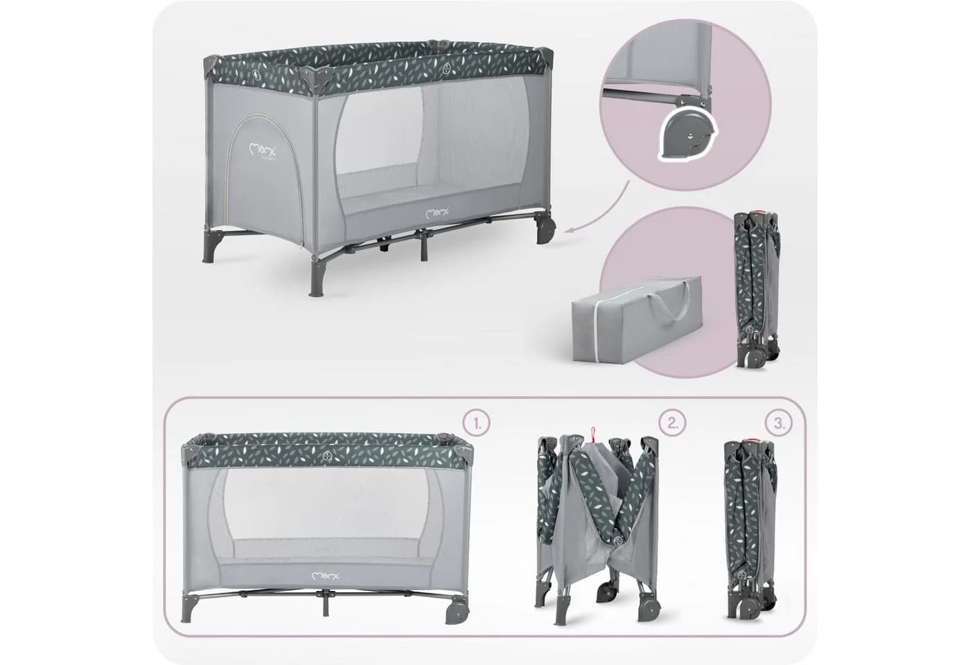 MoMi Baby-Reisebett Belove 3-in-1 Grau mit Matratze & Rollen - Bild 4