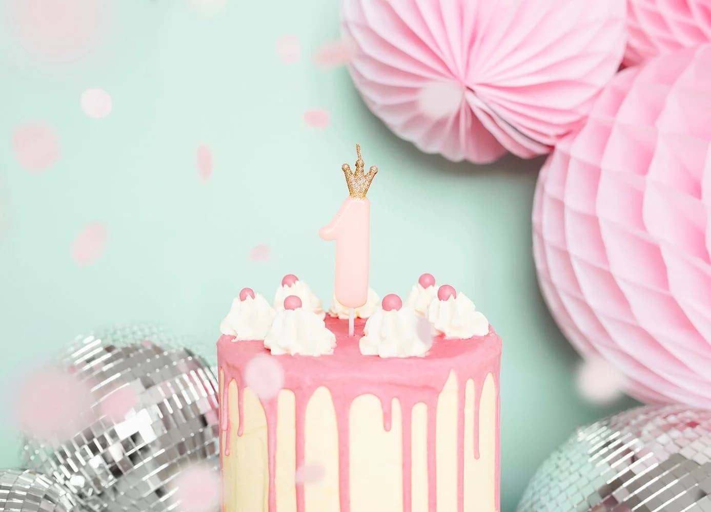 partydeco Geburtstagskerze Zahl 1 mit Glitzer Krone Rosa Gold