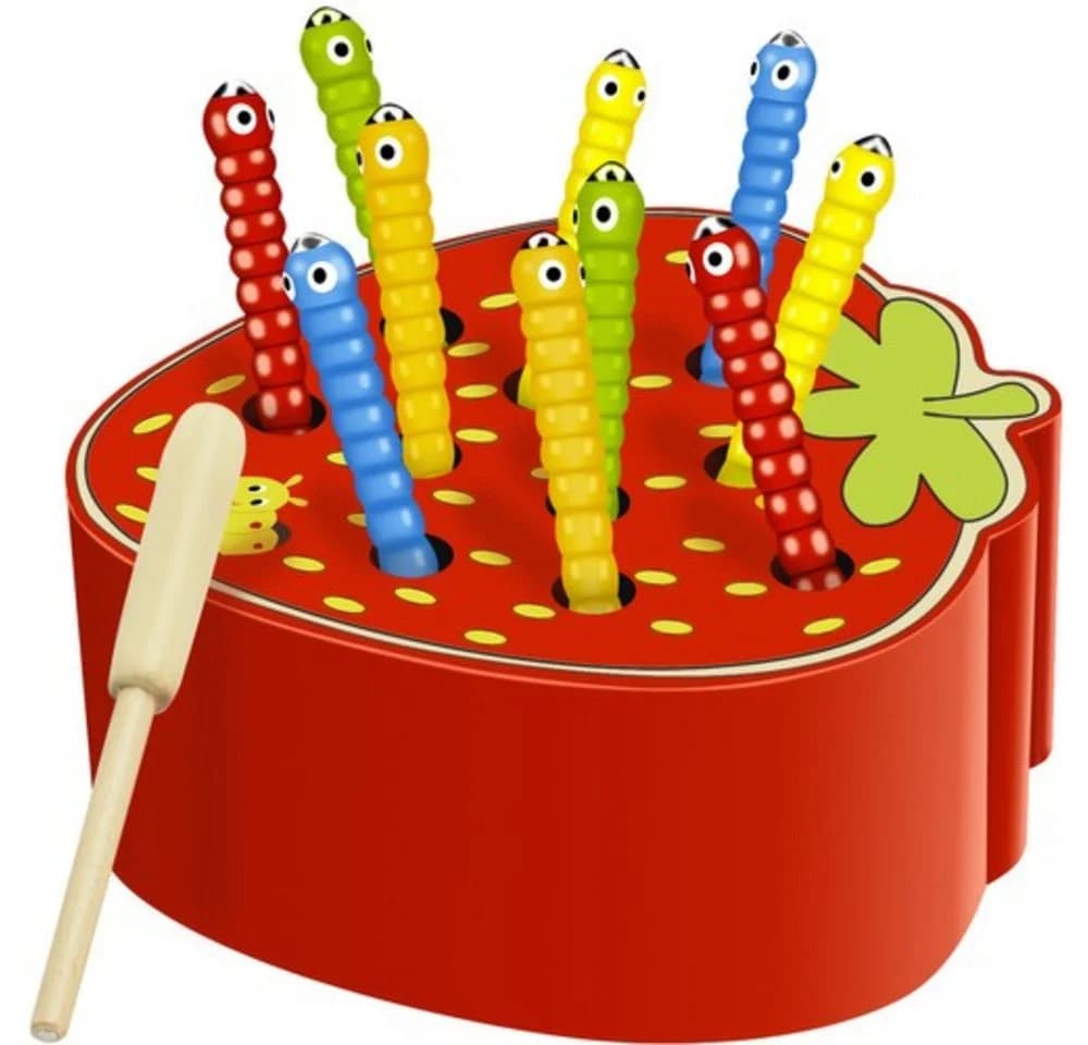 KRUZZEL Lernspielzeug Holzspiel Erdbeere Kinder Bunt Motorikspiel Würmer angeln - Bild 2