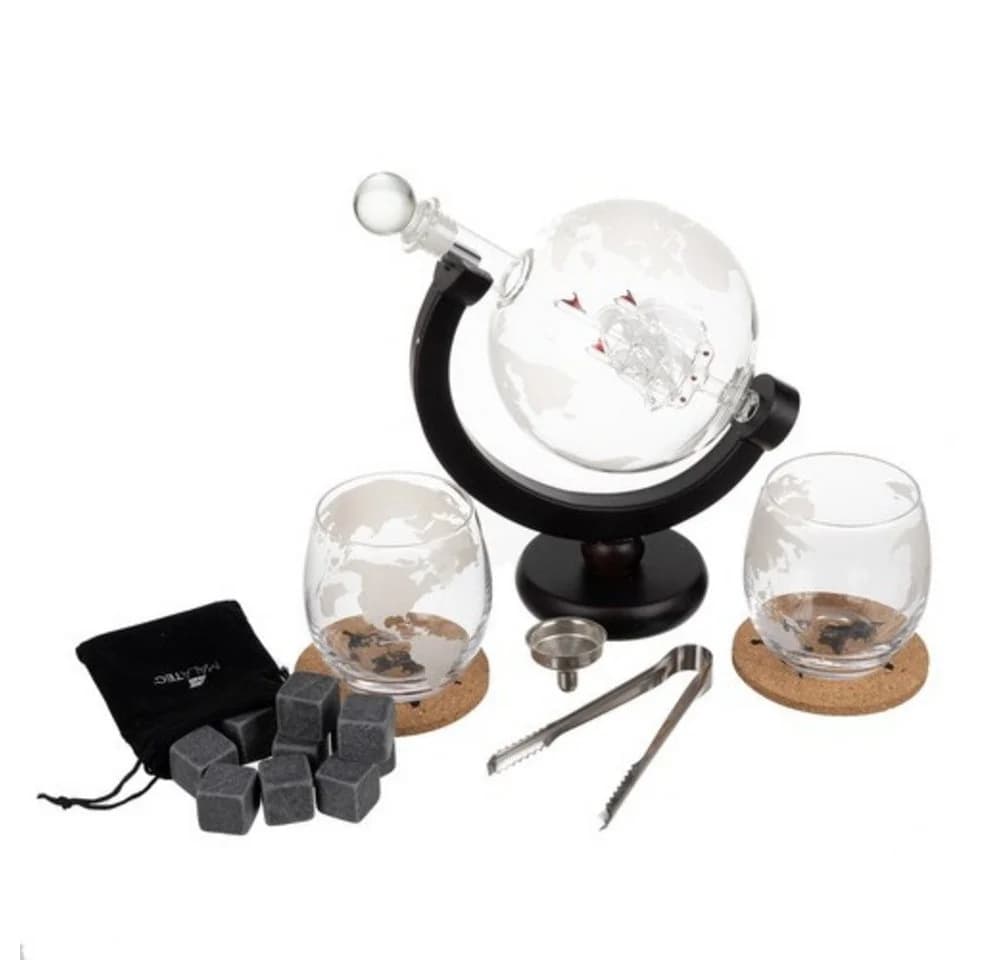 MALATEC Whisky-Set Globus Karaffe mit Schiff 17-tlg. Glas Holz