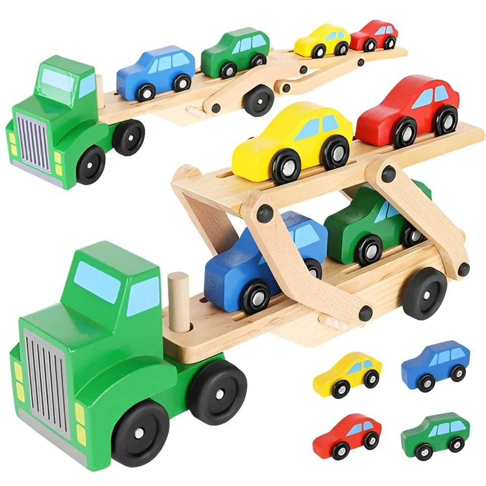 KRUZZEL Spielzeug-LKW Holzlastwagen mit 4 Autos bunt