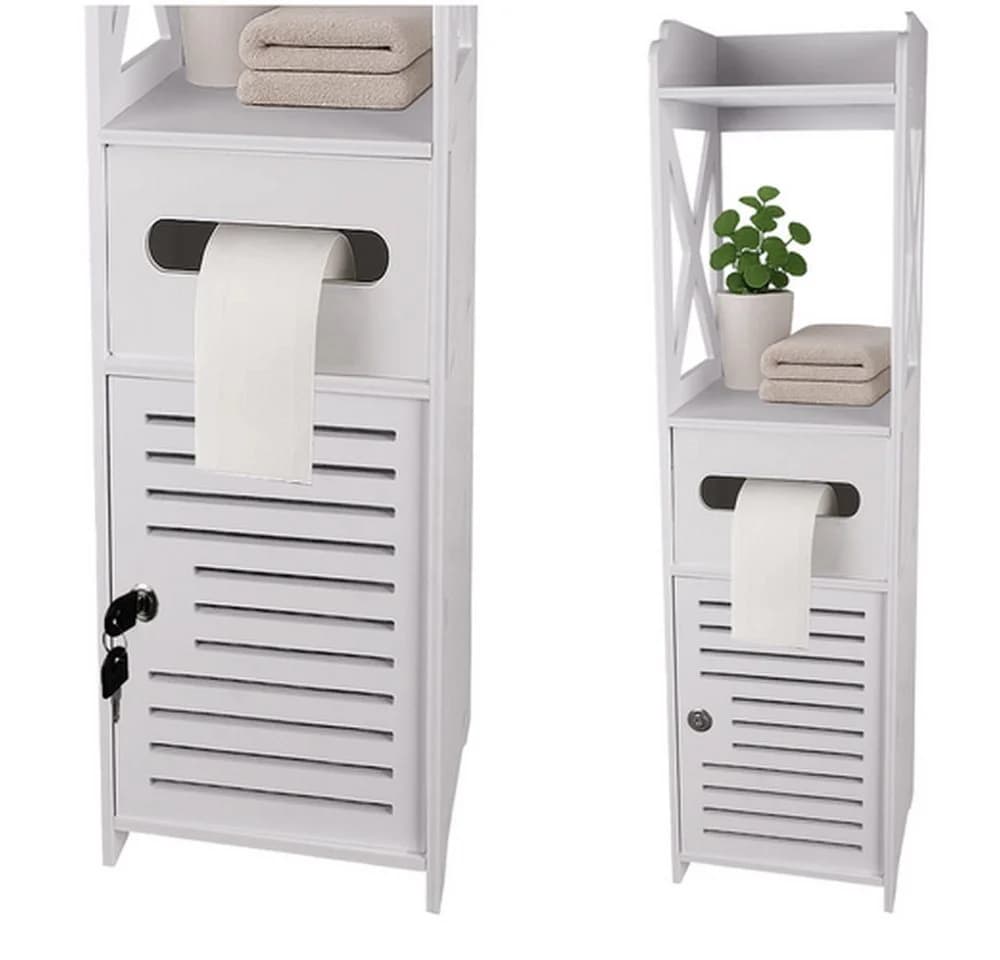 Ruhhy Badezimmerschrank Weiß mit Toilettenpapierhalter und Schloss