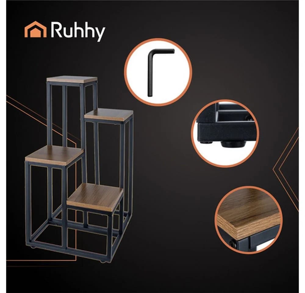 RUHHY Standregal Loft Schwarz Braun 4 Ebenen Metall MDF - Bild 3