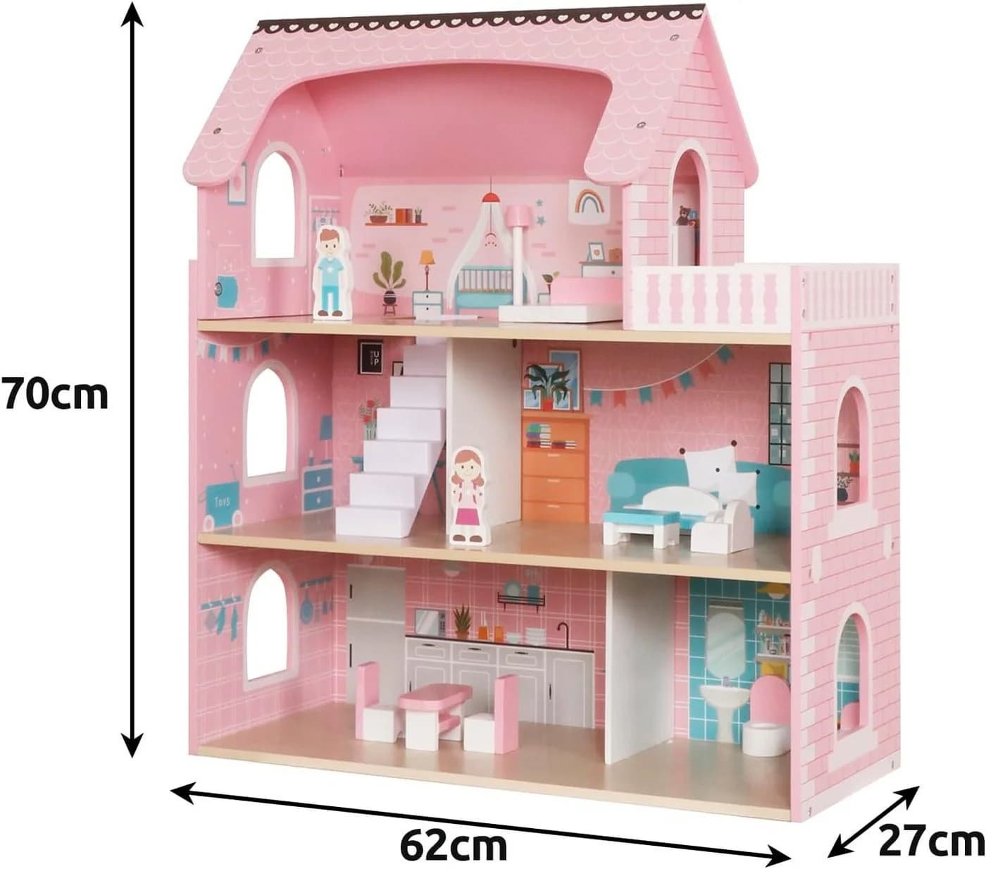 KRUZZEL Puppenhaus Holzhaus 3 Etagen 5 Zimmer LED-Beleuchtung