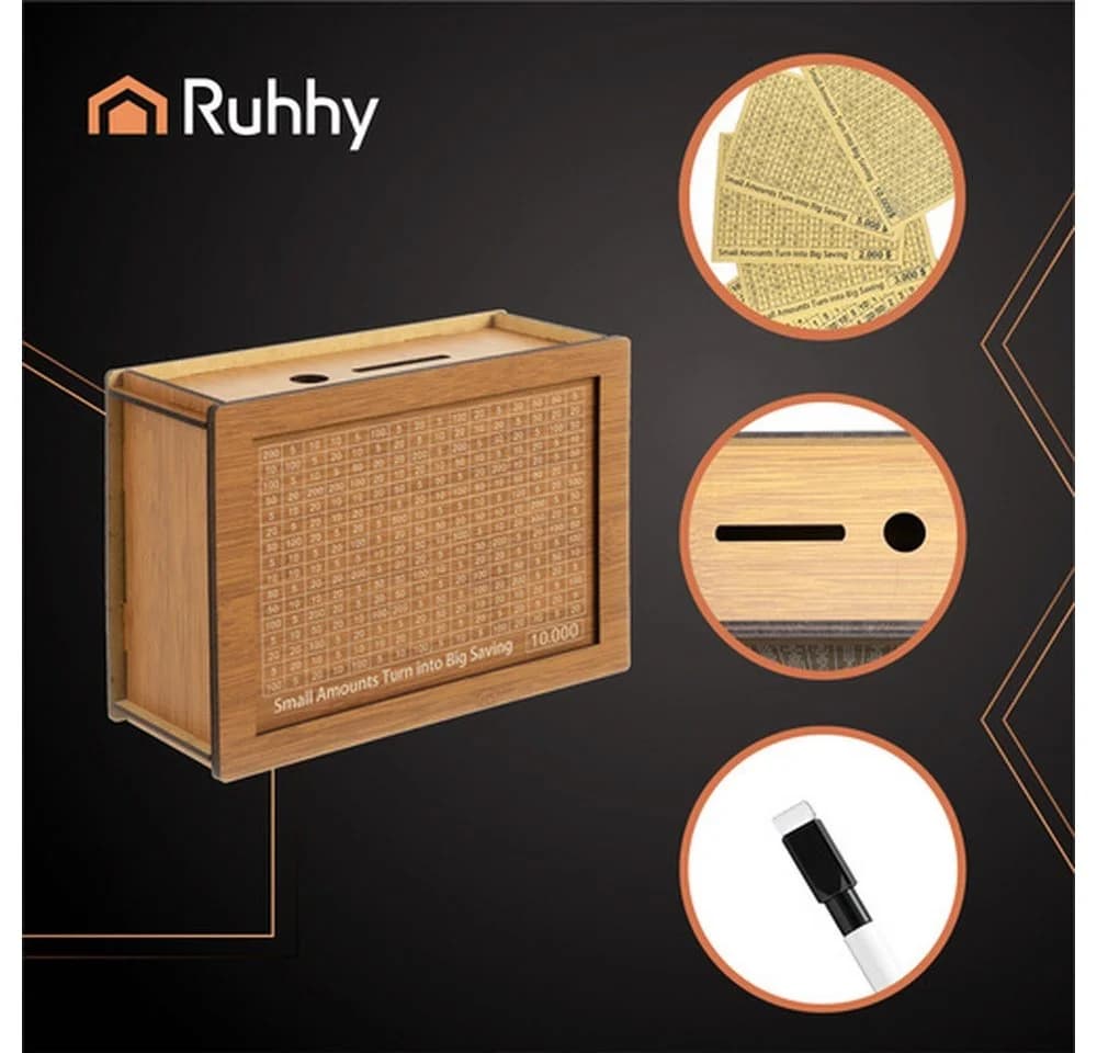 Ruhhy Holz-Sparschwein Spar-Challenge 10.000 Braun Beige - Bild 3