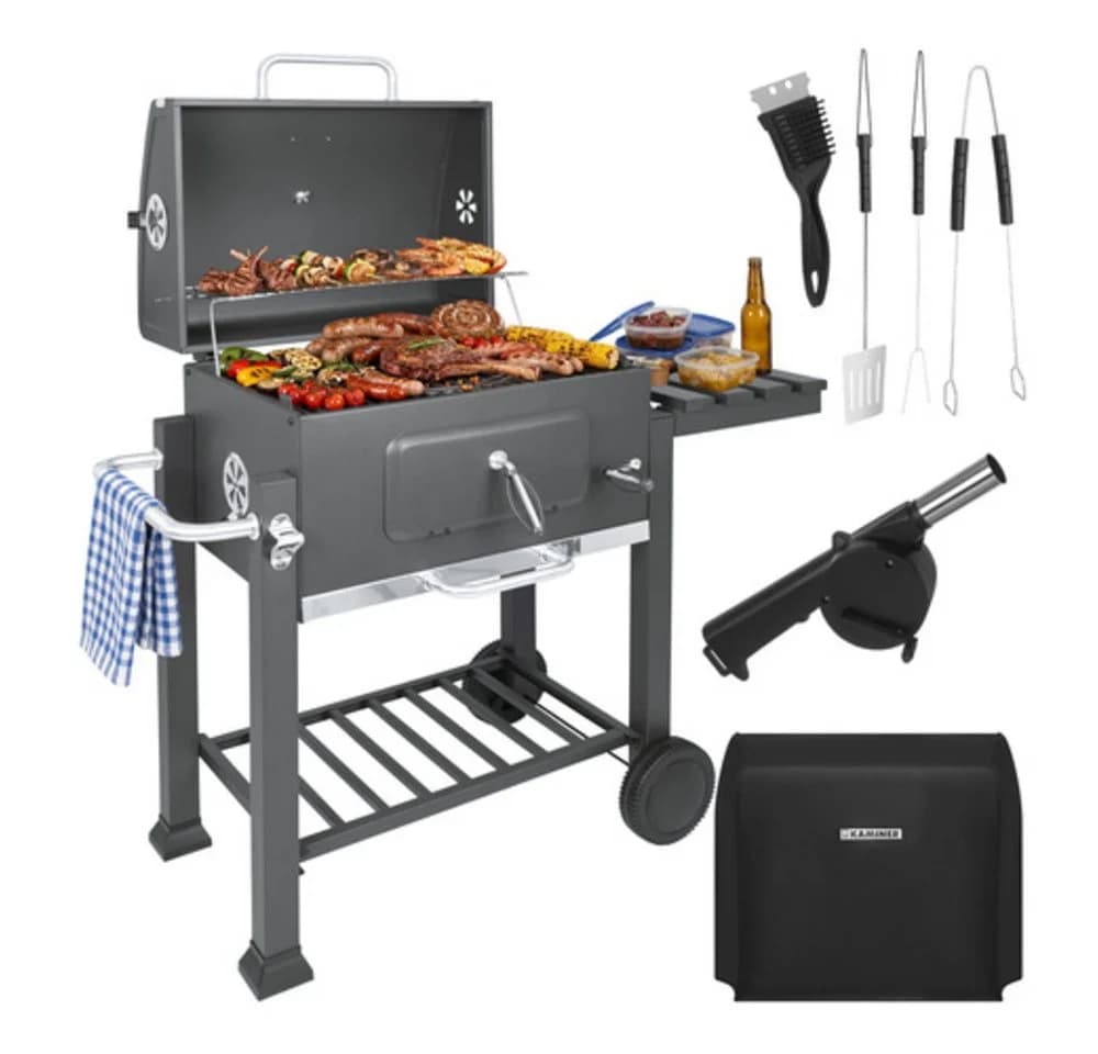 Kaminer Holzkohlegrill Grau mit Abdeckung & Gusseisenrost - Bild 2