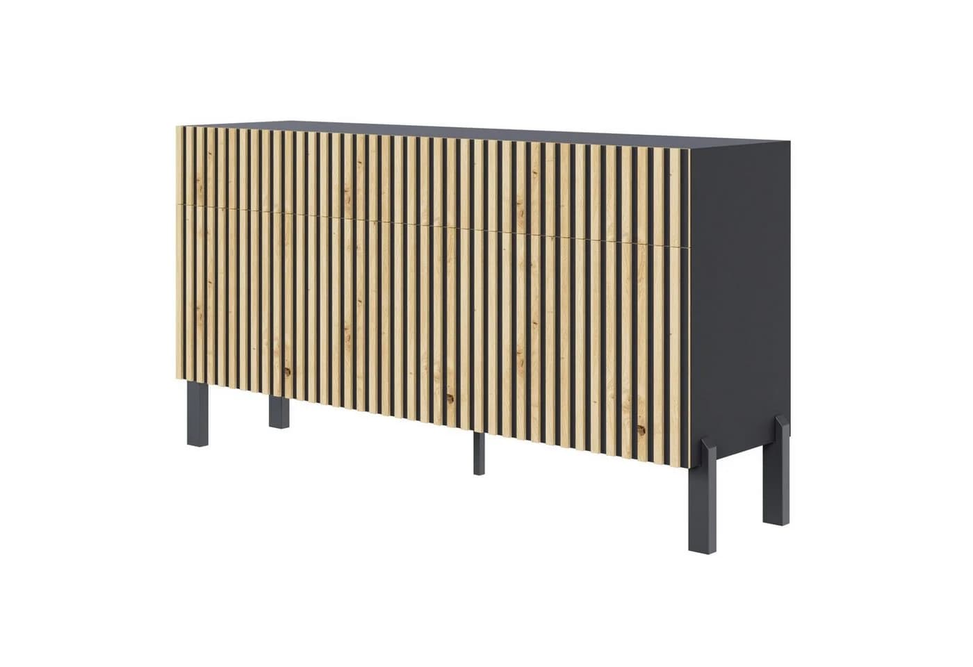 Selsey Sideboard TELIRE Schwarz 3 Türen 3 Schubladen Push-to-Open Lamellenfront