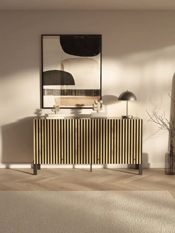 Selsey Sideboard TELIRE Schwarz 3 Türen 3 Schubladen Push-to-Open Lamellenfront - Bild 2