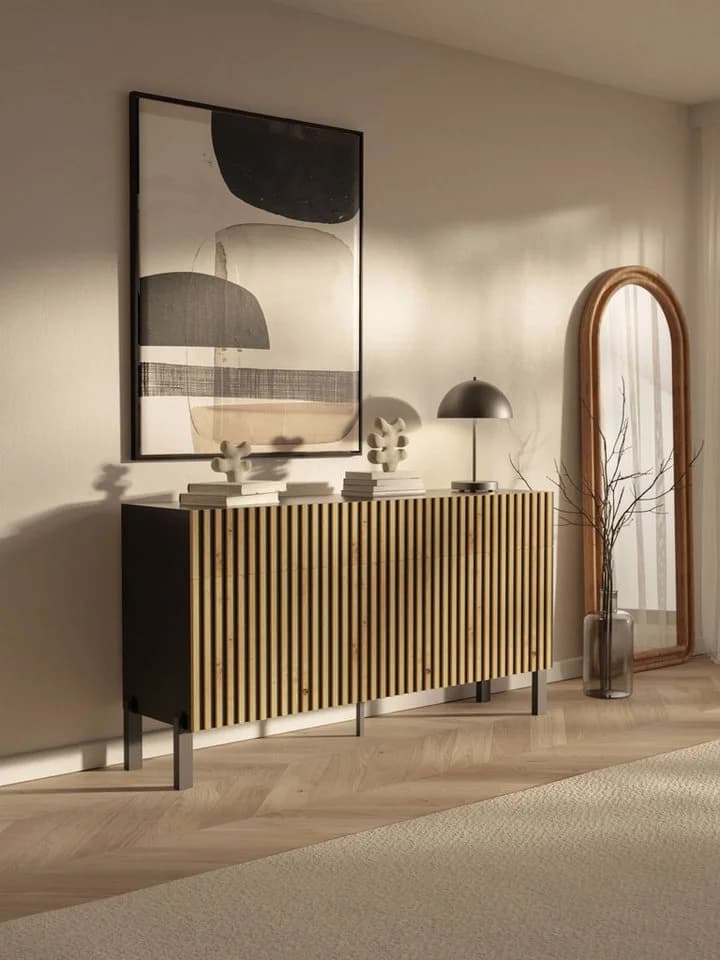 Selsey Sideboard TELIRE Schwarz 3 Türen 3 Schubladen Push-to-Open Lamellenfront - Bild 3