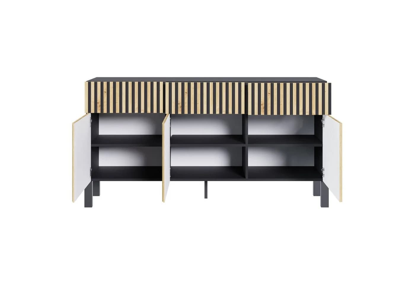 Selsey Sideboard TELIRE Schwarz 3 Türen 3 Schubladen Push-to-Open Lamellenfront - Bild 4