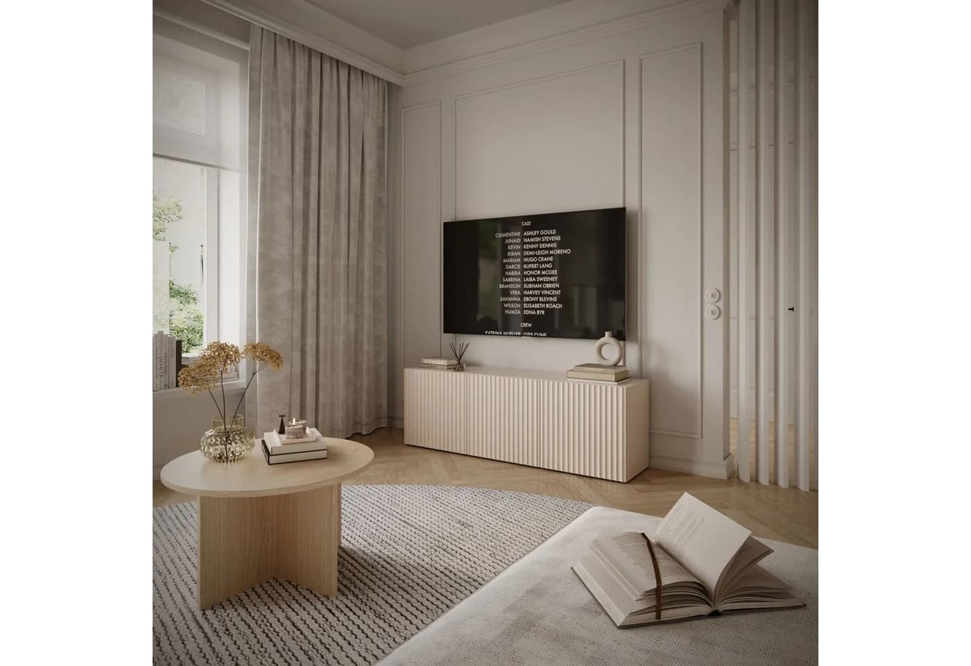 Selsey TV-Lowboard SUNDS 3-türig mit Lamellenfront Beige