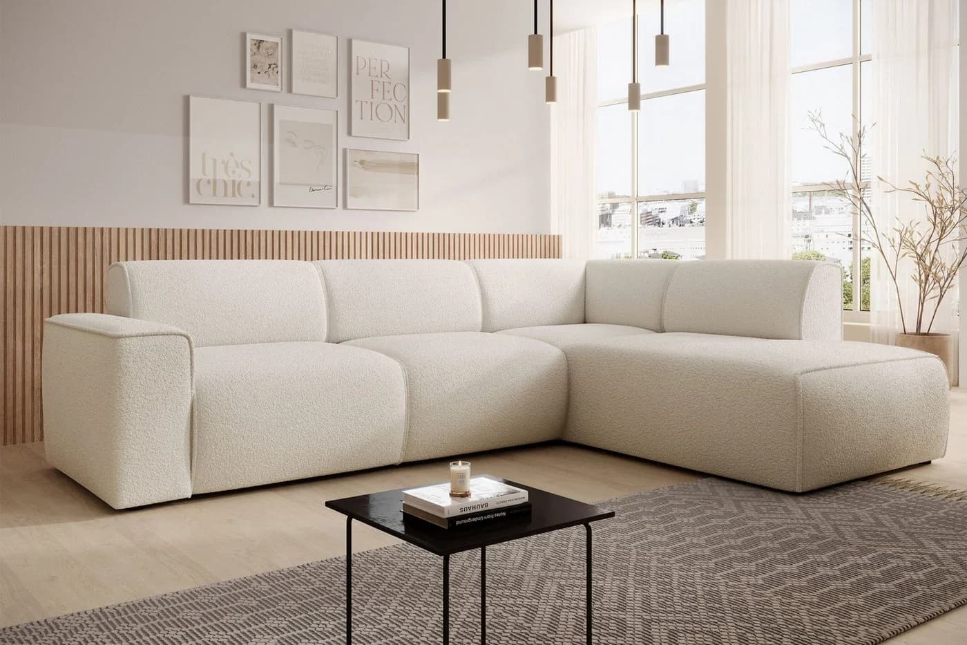 Selsey Ecksofa BOUVI L-Form mit Ottomane Rückenlehne Bouclé Creme