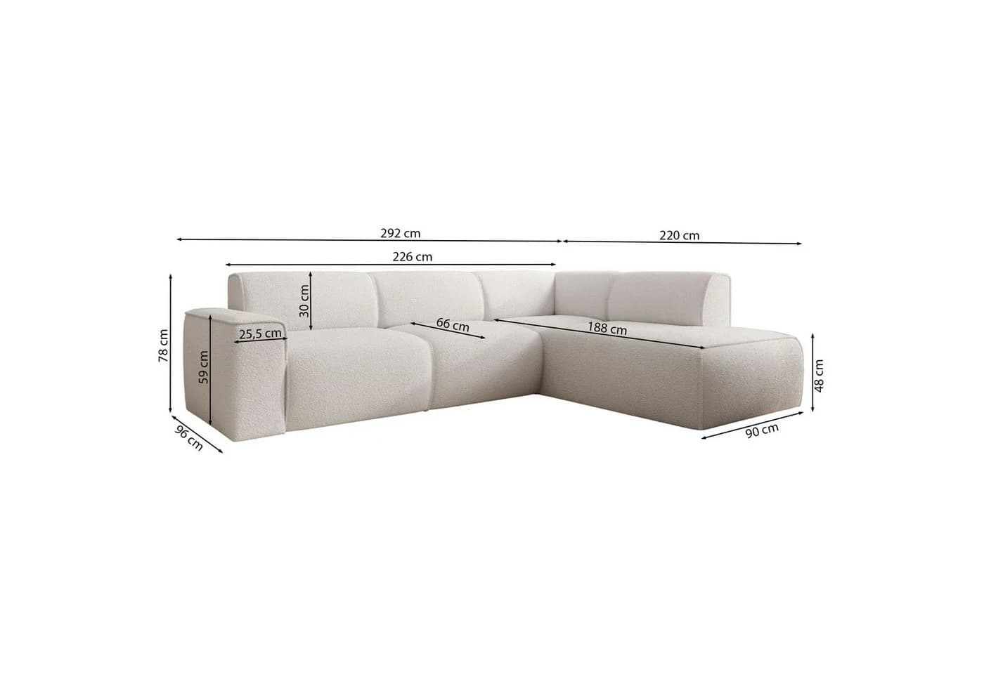 Selsey Ecksofa BOUVI L-Form mit Ottomane Rückenlehne Bouclé Creme - Bild 3