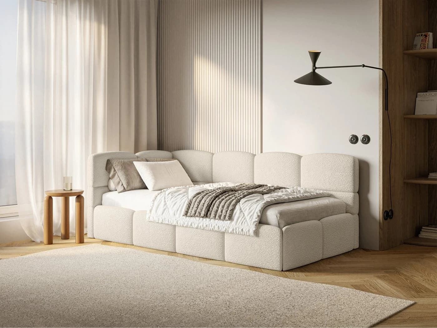 Selsey Jugendbett CLOUDY mit Bettkasten und Eck-Kopfteil Hellbeige