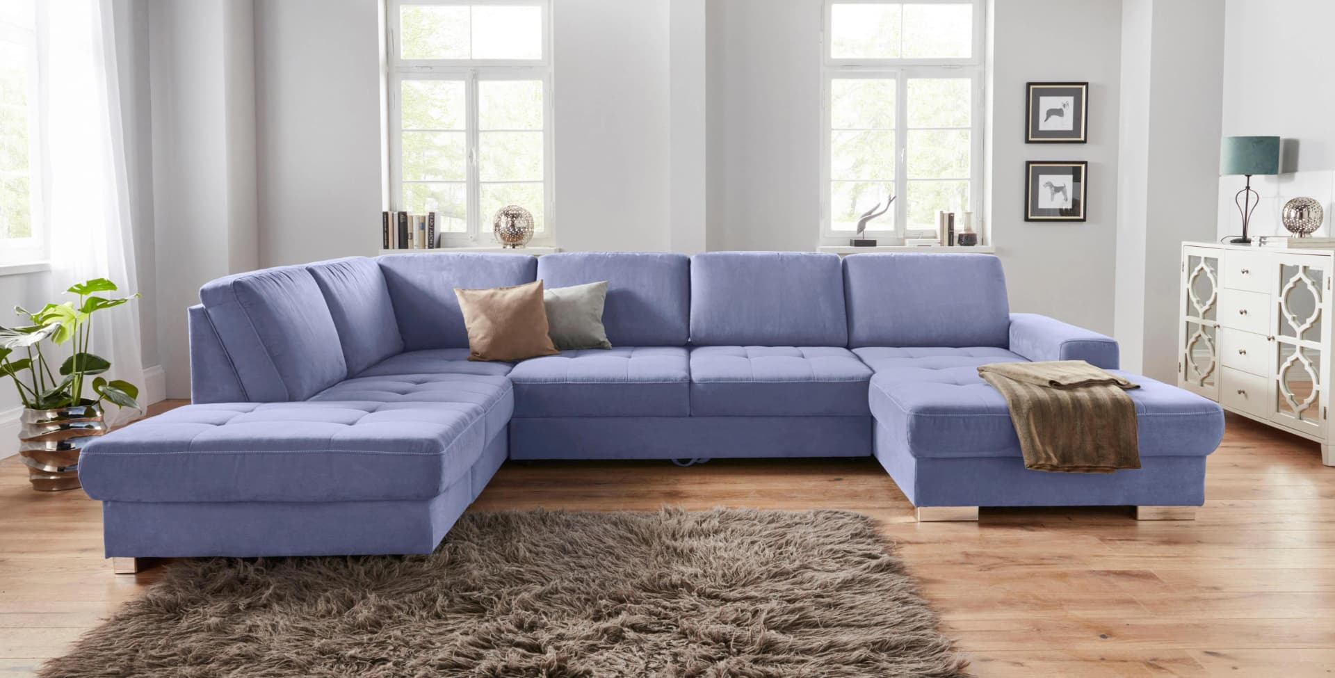 SIT & MORE Wohnlandschaft Santorini U-Form Blau mit Bettfunktion