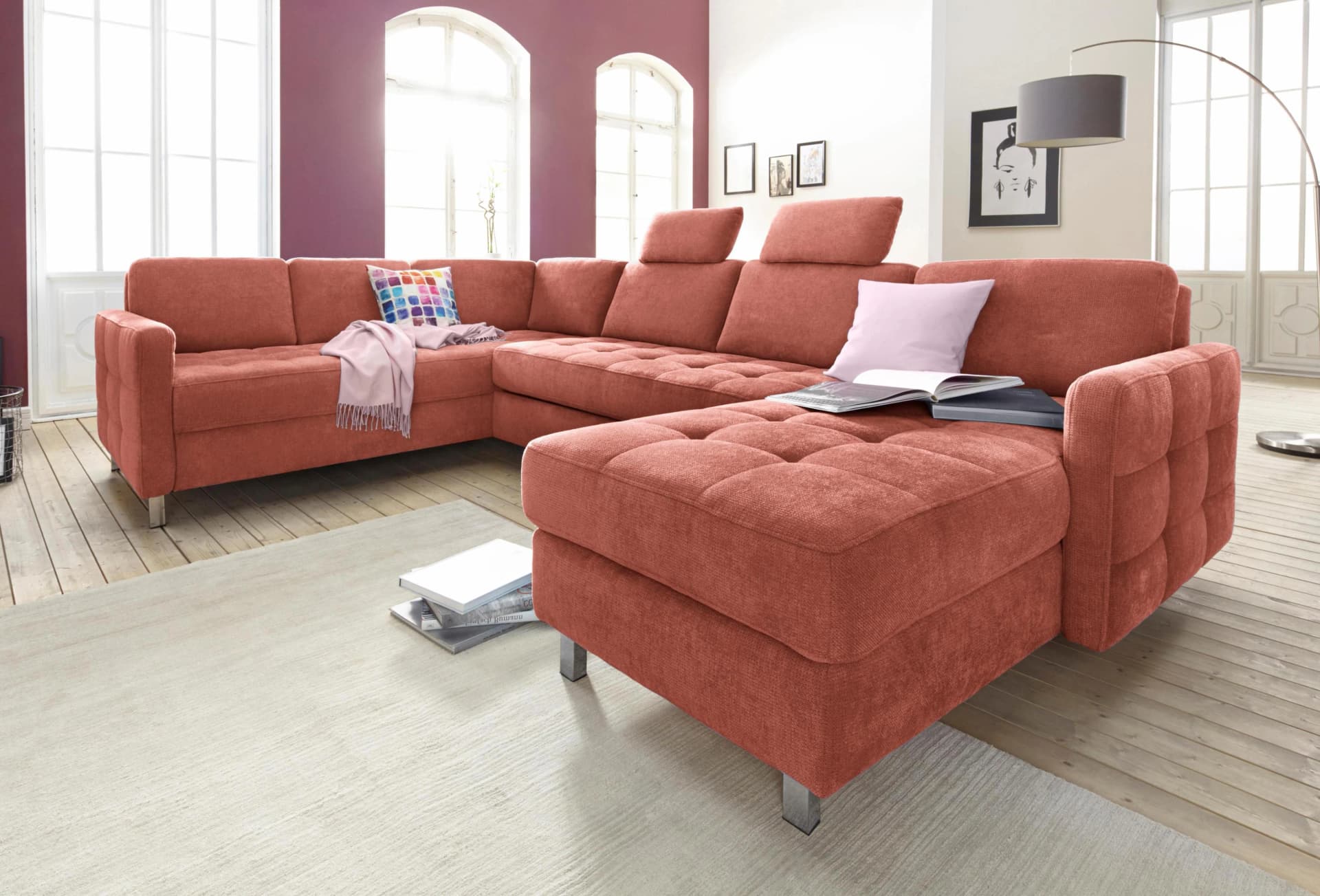 SIT & MORE Pablo U-Form Wohnlandschaft Orange mit Bettfunktion