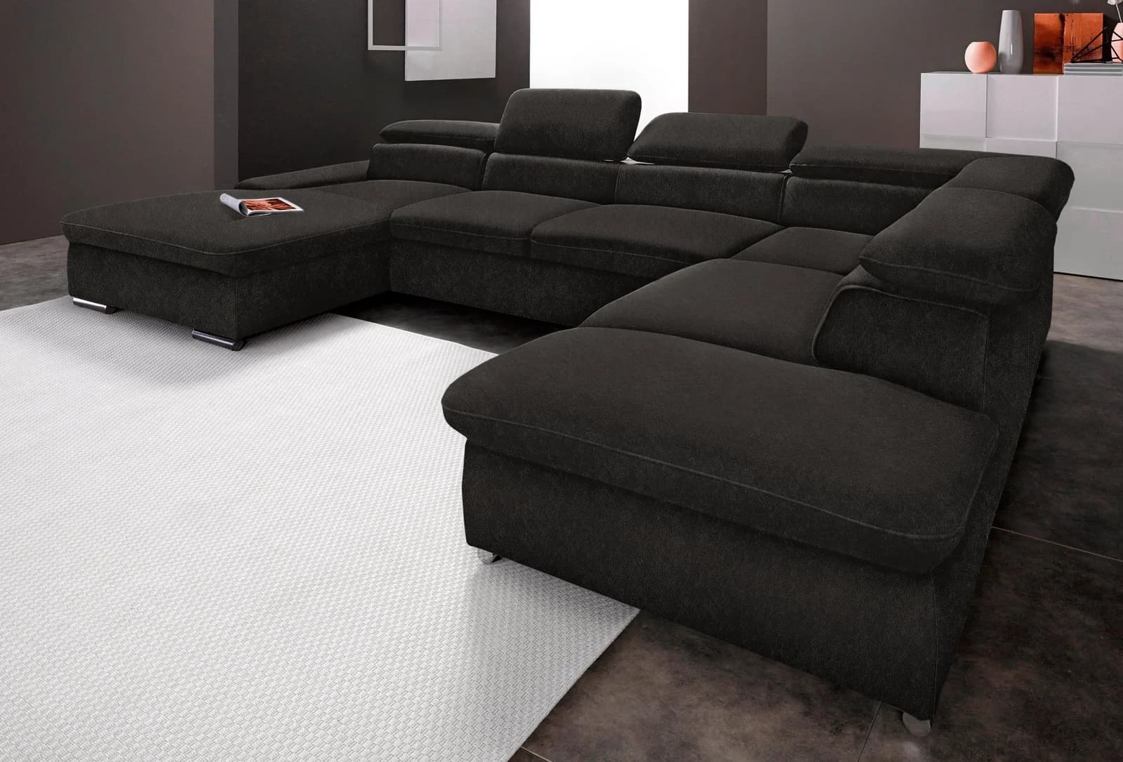SIT & MORE Wohnlandschaft Alcudia U-Form Schwarz mit Kopfteilverstellung