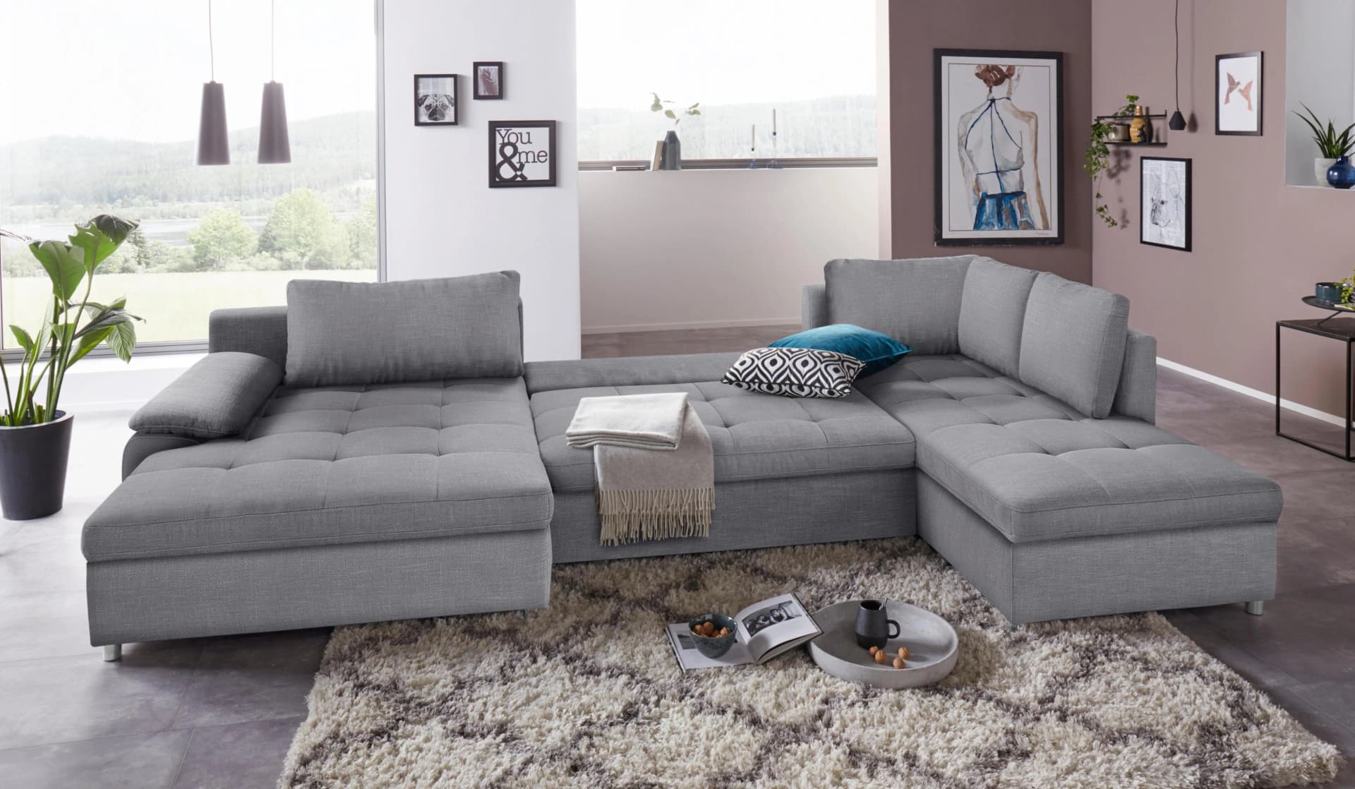 HOME AFFAIRE Wohnlandschaft Labene U-Form Grau mit Bettfunktion