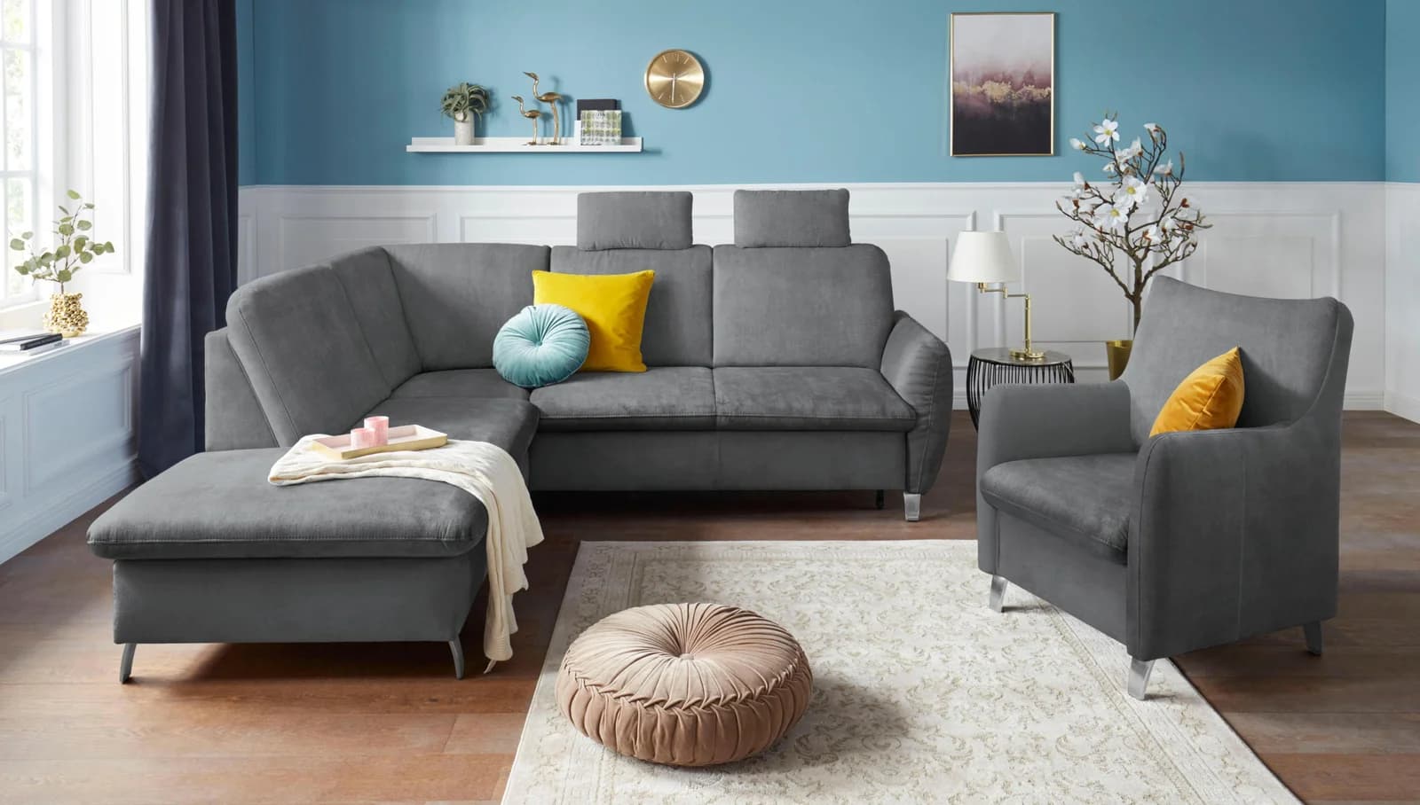 sit&more Ecksofa mit Federkern, Kopfstützen und Ottomane Grau