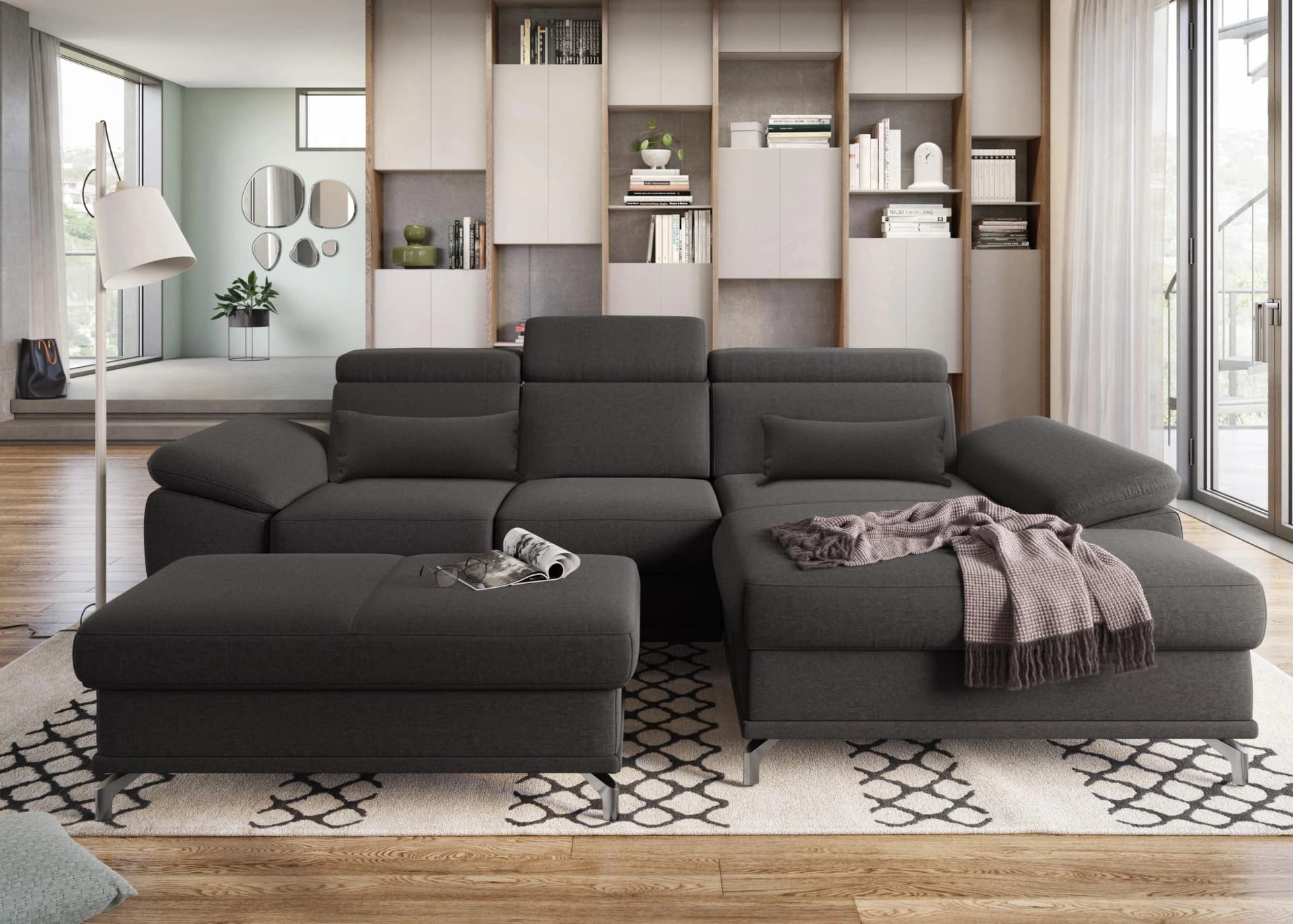 SIT & MORE Ecksofa Cabrio L-Form Grau mit Sitztiefenverstellung