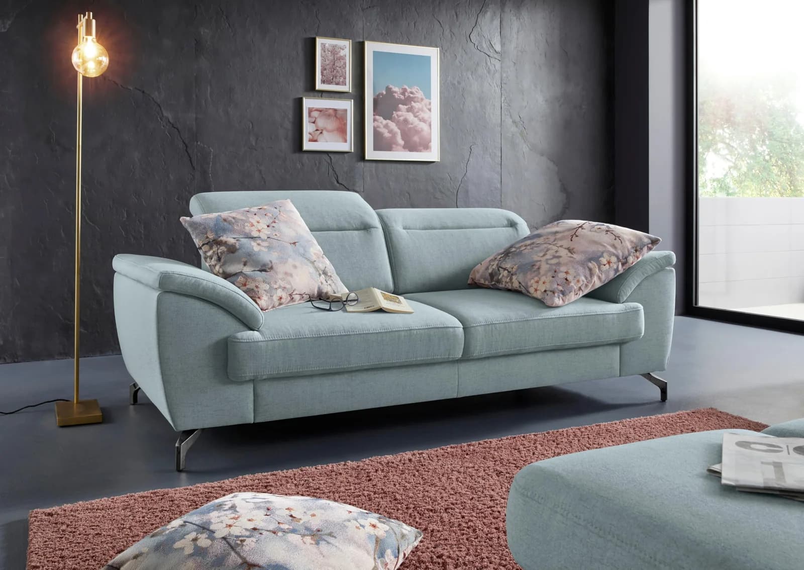 SIT & MORE Percy 2,5-Sitzer Sofa Aqua Blau mit Sitztiefenverstellung