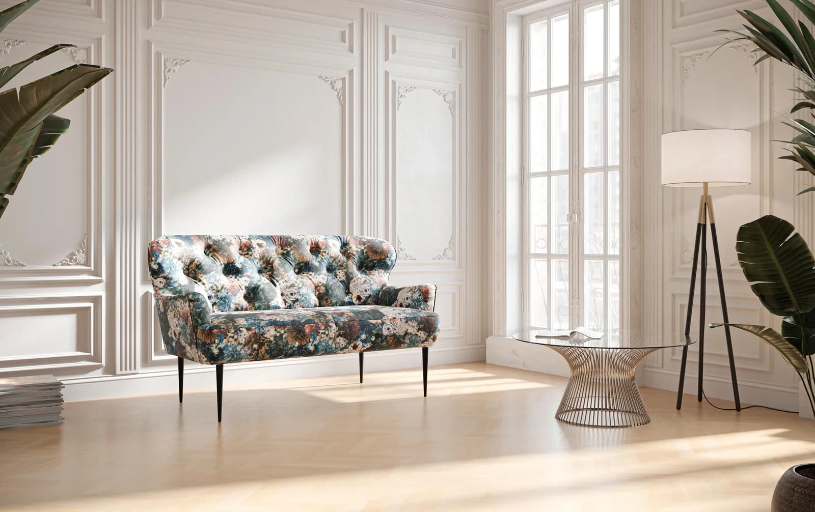 HOME AFFAIRE Amber 2-Sitzer Sofa Rosa/Blau mit Knopfheftung