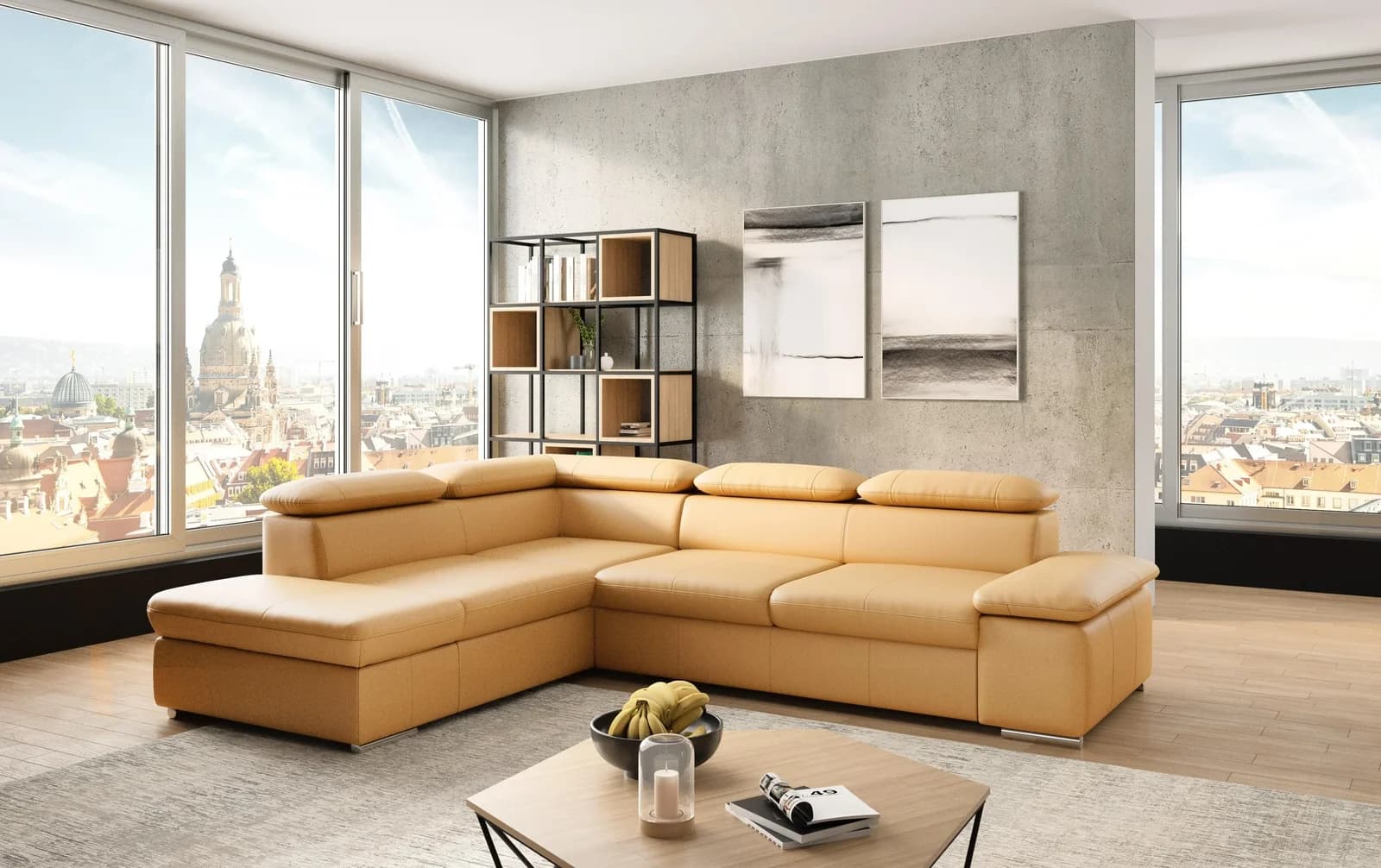 SIT & MORE Ecksofa Valentine L-Form Curry NaturLEDER mit Bettfunktion