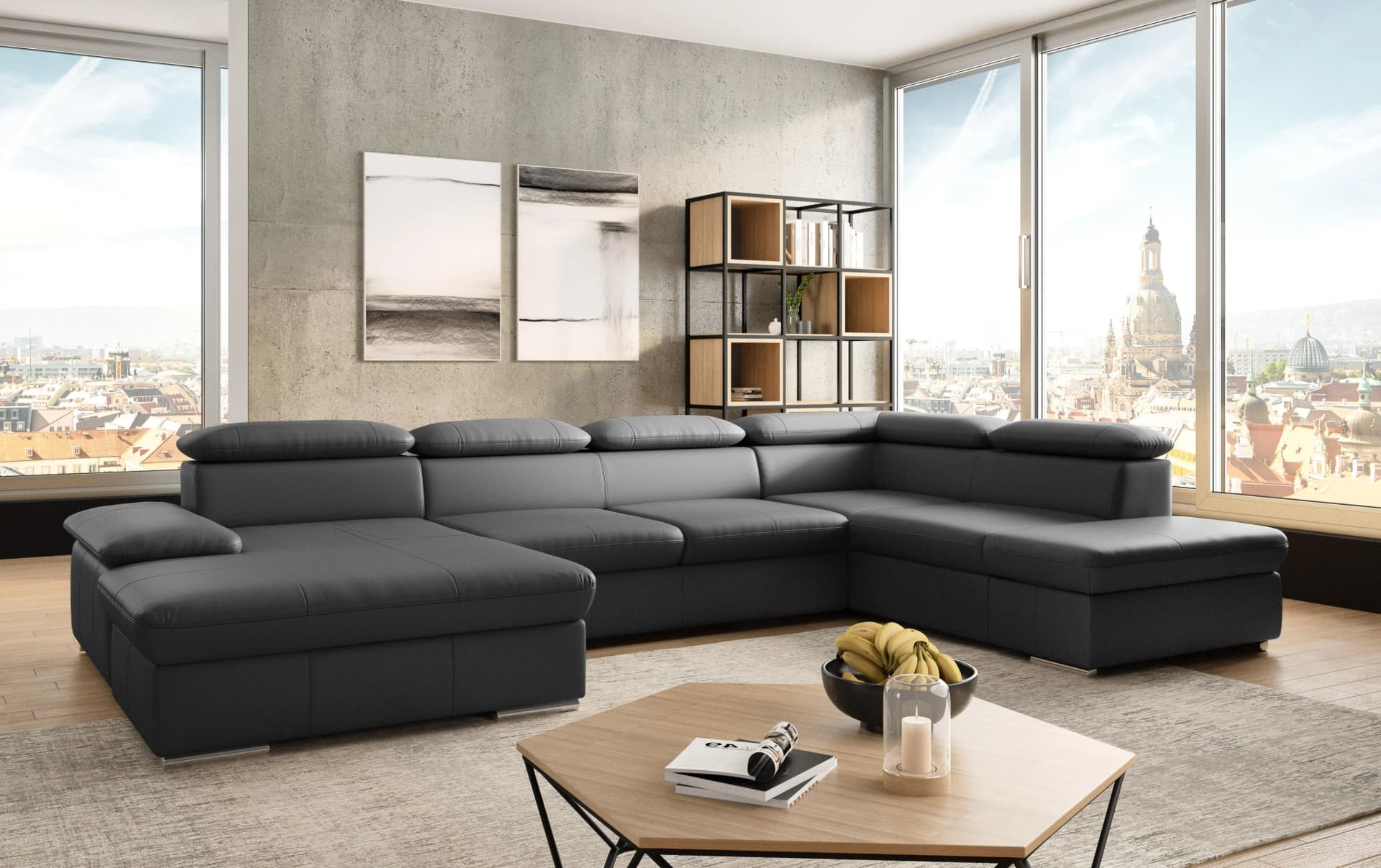SIT & MORE Wohnlandschaft Valantine U-Form Schwarz NaturLEDER