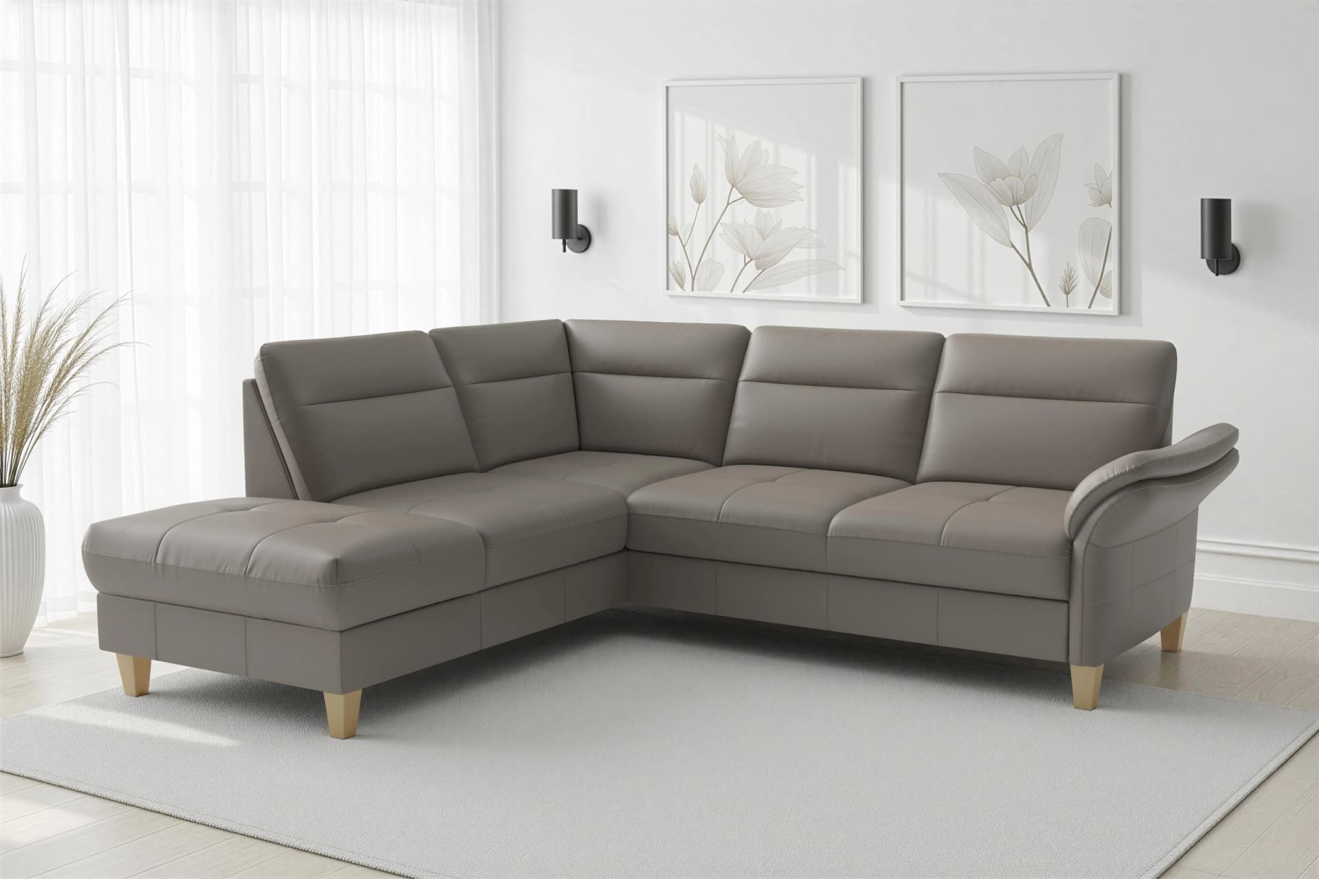SIT & MORE Ecksofa Pamela grau NaturLEDER mit Ottomane und Stauraum