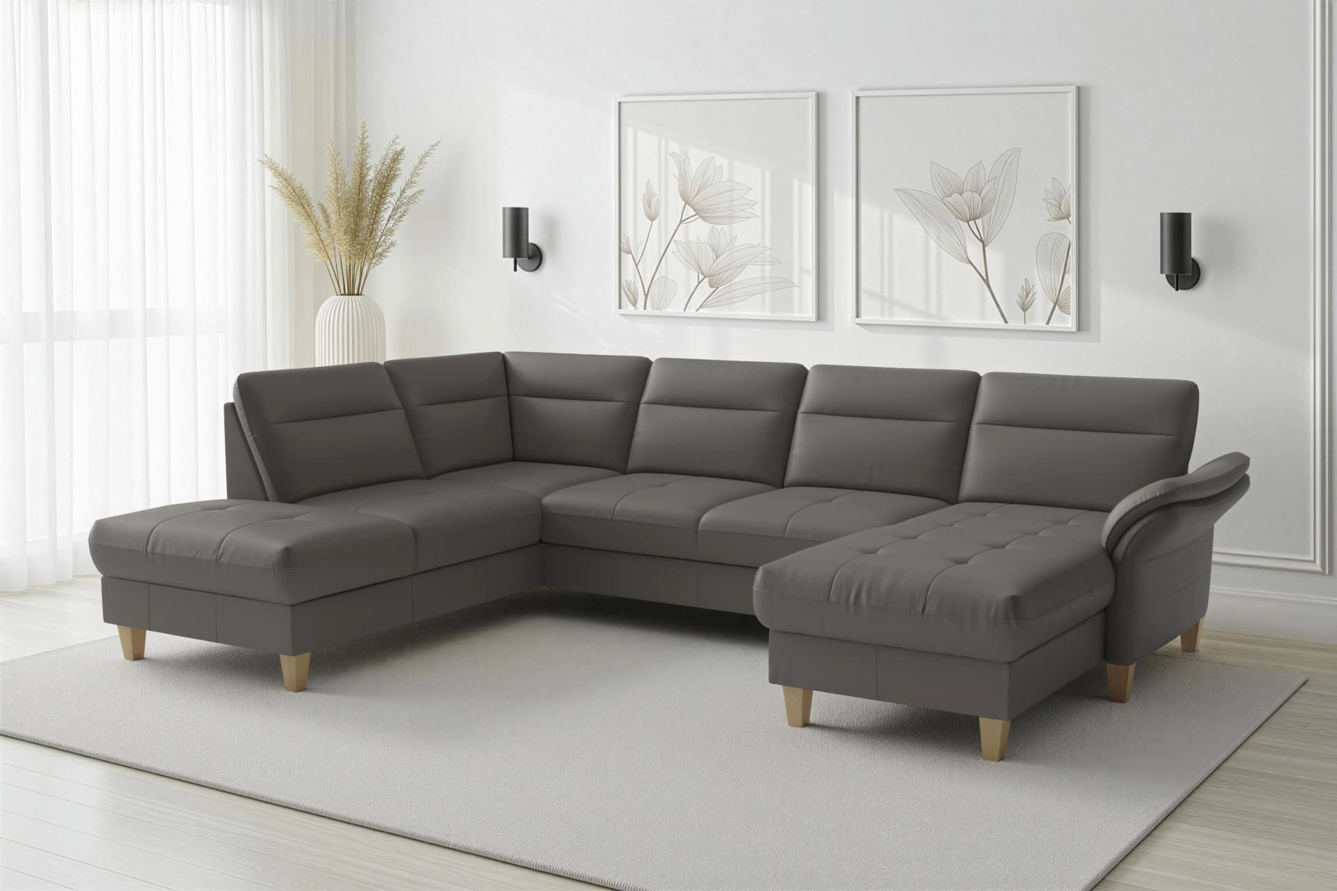 SIT & MORE Wohnlandschaft Pamela Mocca NaturLEDER® mit Bett & Stauraum