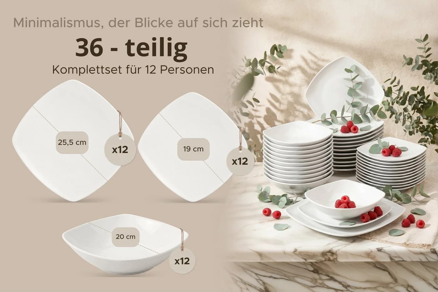 KONSIMO® Tafelservice CARLINA 36-tlg. Weiß Porzellan quadratisch - Bild 5