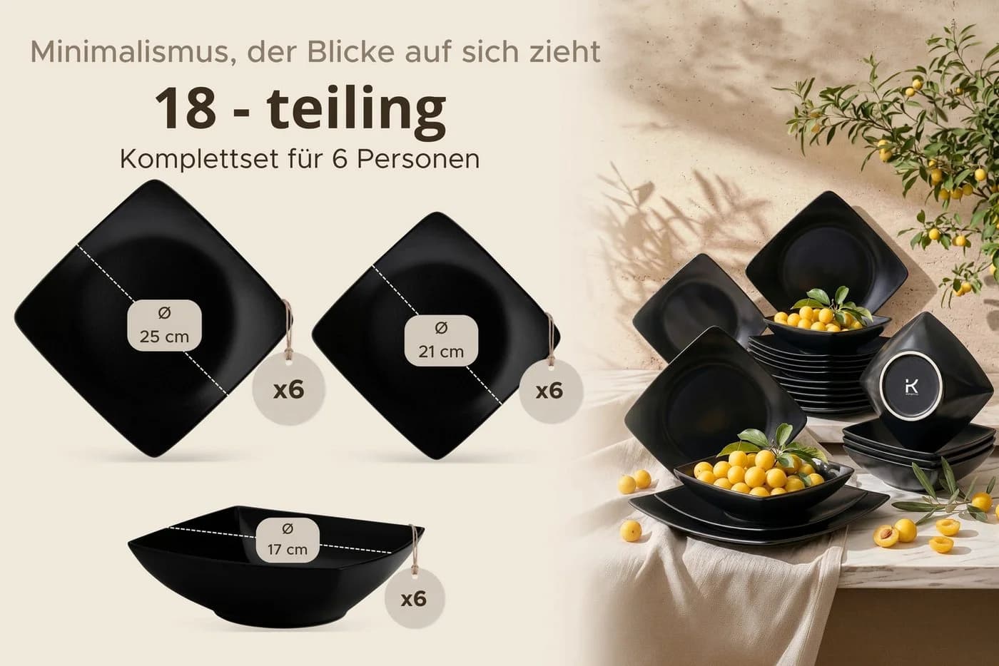 KONSIMO® Tafelservice EPIRI Geschirrset 18-tlg. Schwarz Keramik Modern - Bild 5