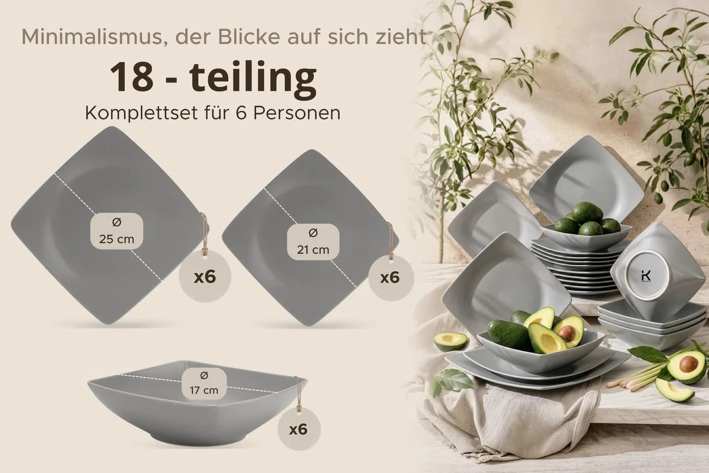 KONSIMO Tafelservice EPIRI 18-tlg. Grau Keramik Quadratisch - Bild 5