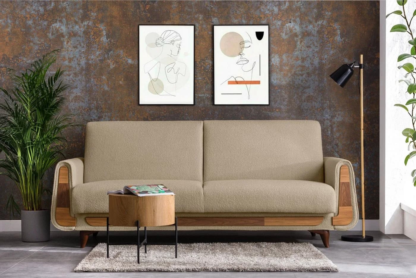 KONSIMO 3-Sitzer Sofa GUSTAVO Beige/Braun mit Schlaffunktion & Bettkasten
