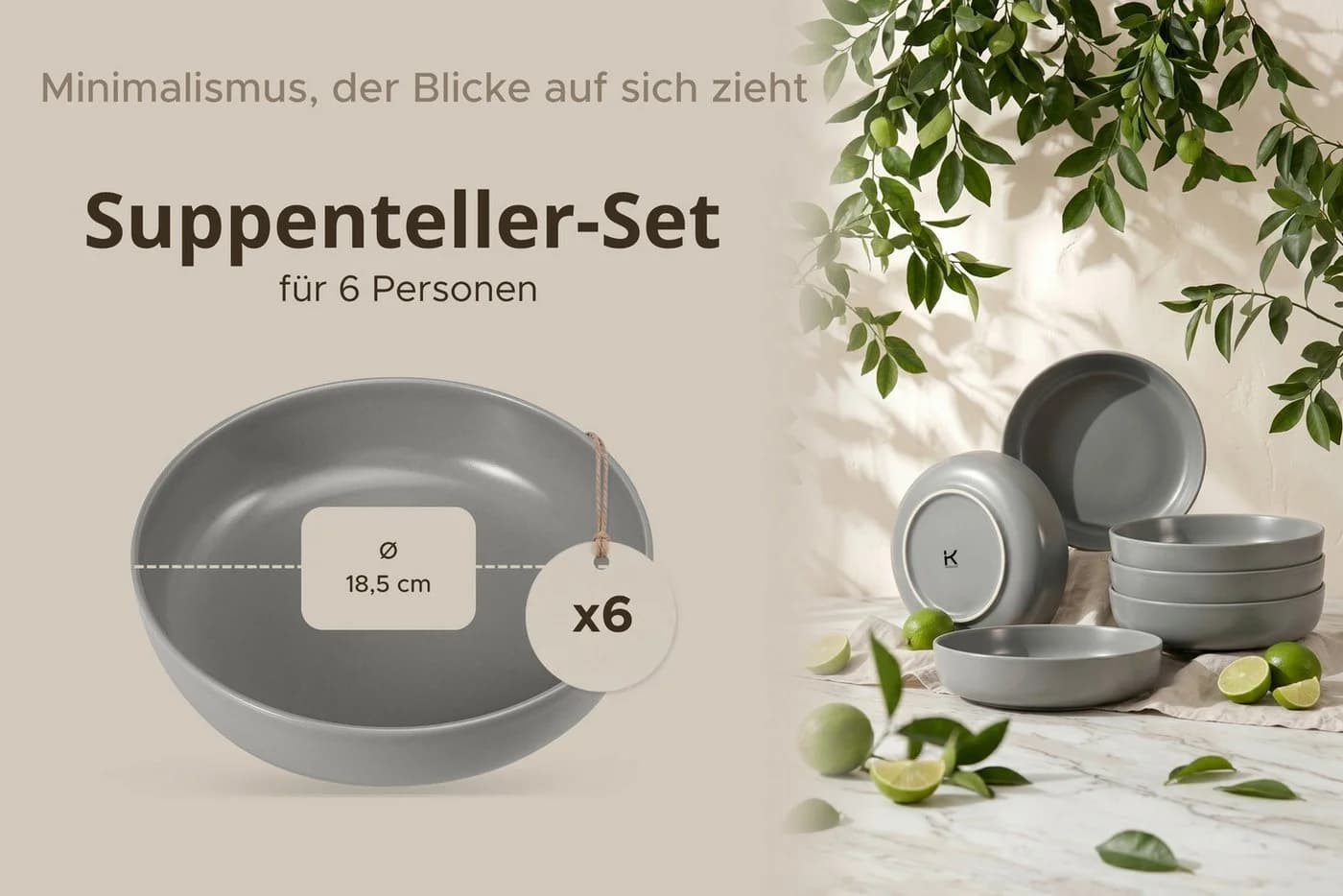 KONSIMO® Teller-Set VICTO Grau 6-tlg. Steingut Suppenteller - Bild 5