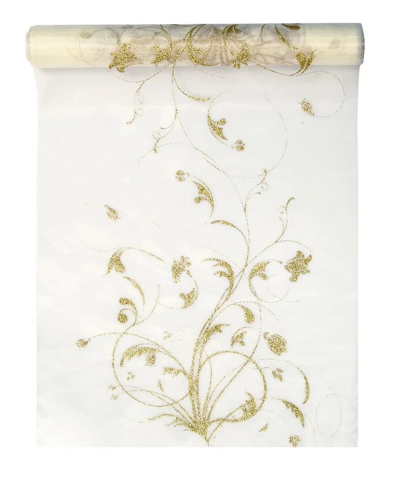 partydeco Tischläufer Organza Creme Gold Blumenmuster - Bild 2