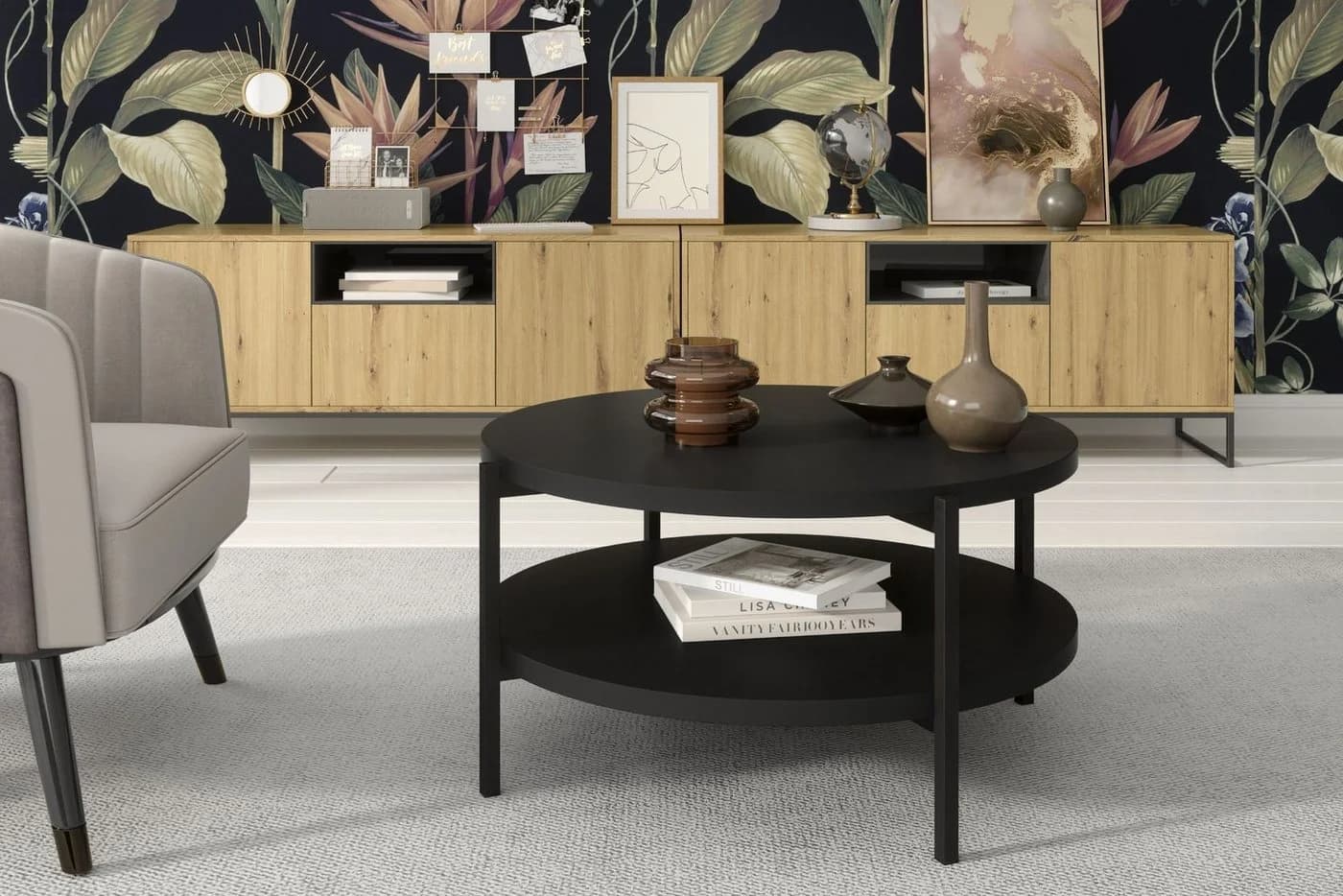 KONSIMO® Couchtisch GERIS Schwarz Modern Loft-Stil mit Ablagefach
