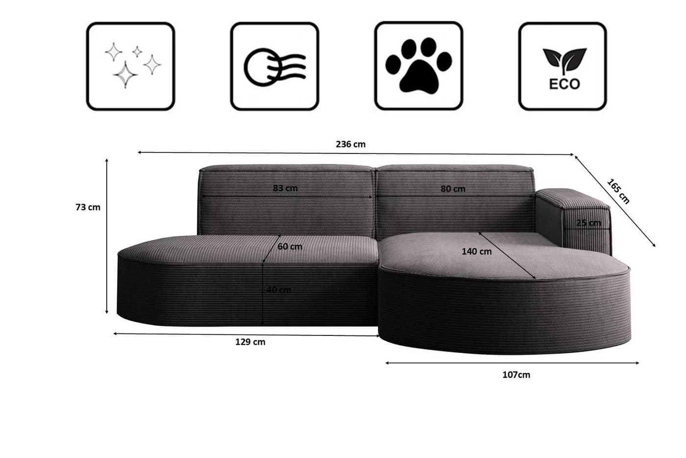 Kaiser Möbel Ecksofa MODENA STUDIO L-Form Cord Dunkelgrau - Bild 3