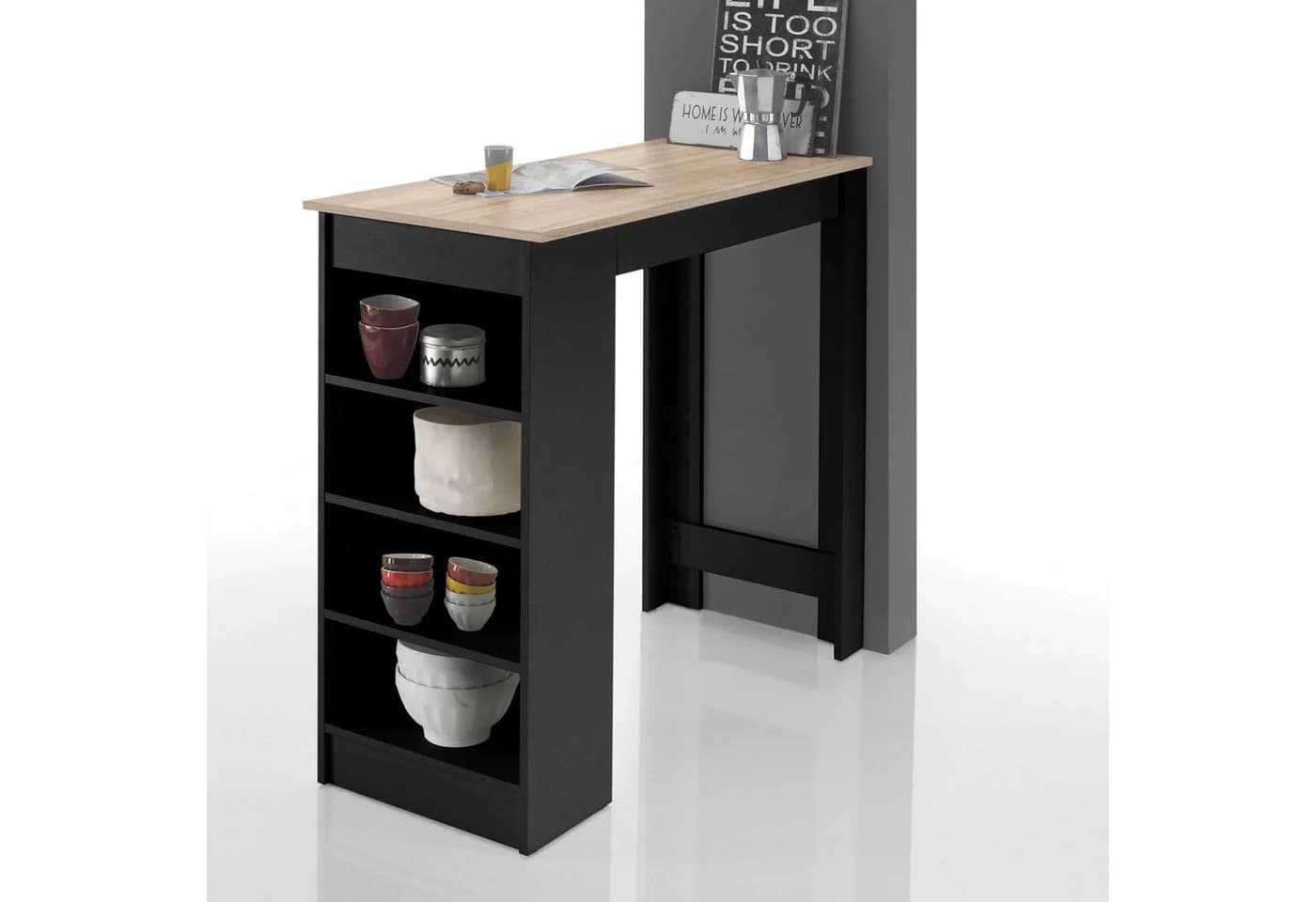 Möbel Akut Stehtisch Bartisch Black mit Regal Sonoma Eiche schwarz