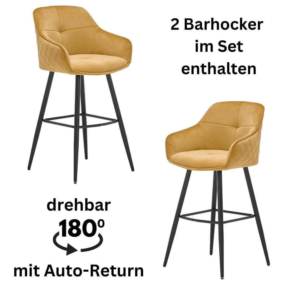 Barhocker STOLKOM Emma Set 2-tlg. Gold Schwarz Samt Drehbar