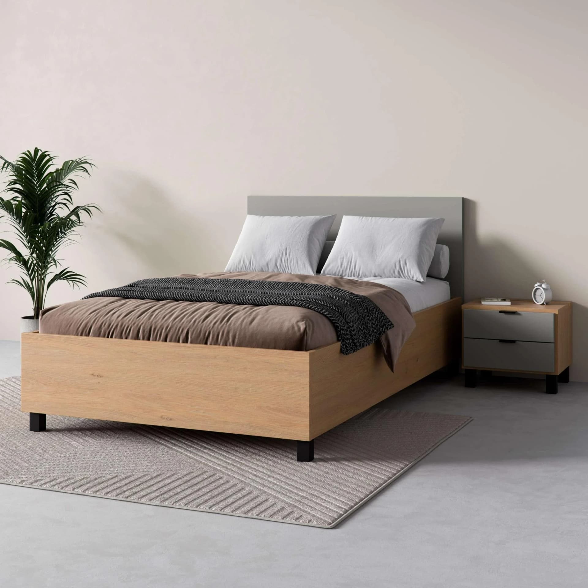 Bett VOX SIMPLE mit Bettkasten - Eiche Grau