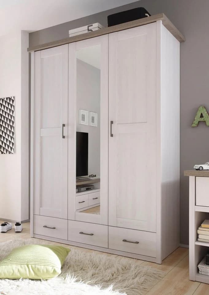 Carryhome Kleiderschrank Luca Landhaus Design Weiß 3 Türen 3 Schubladen