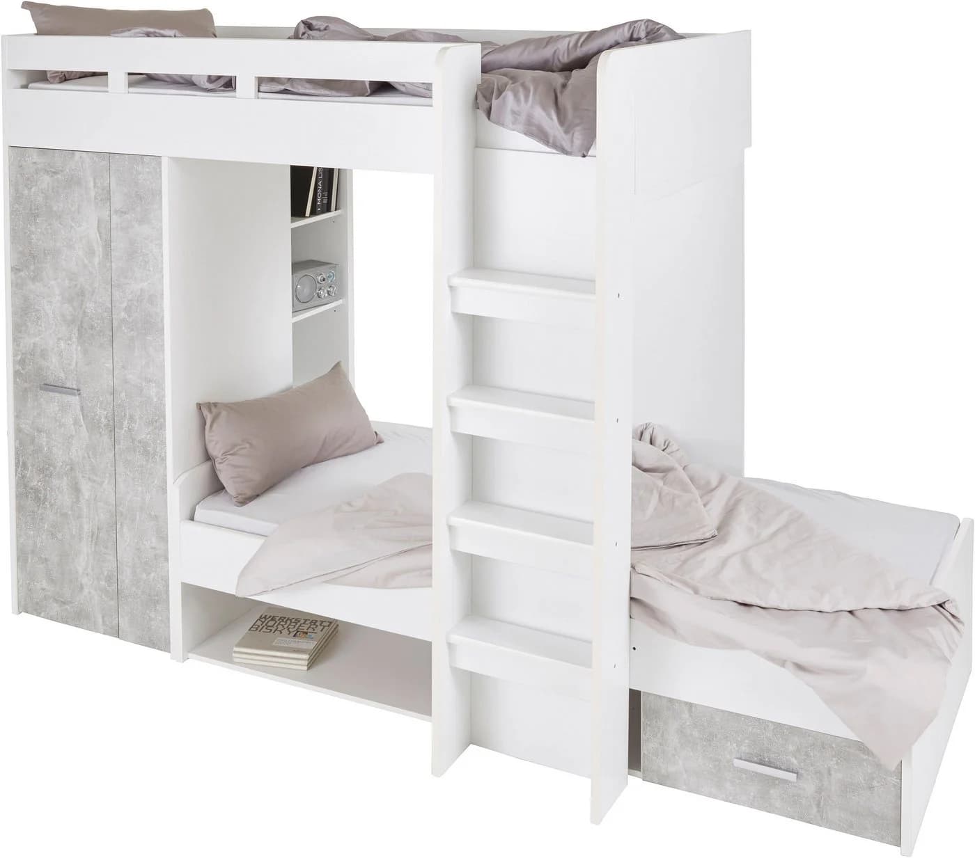 Hochbett BEGABINO MAXI Weiß/Betonfarben mit Kleiderschrank und Regalen - Bild 2