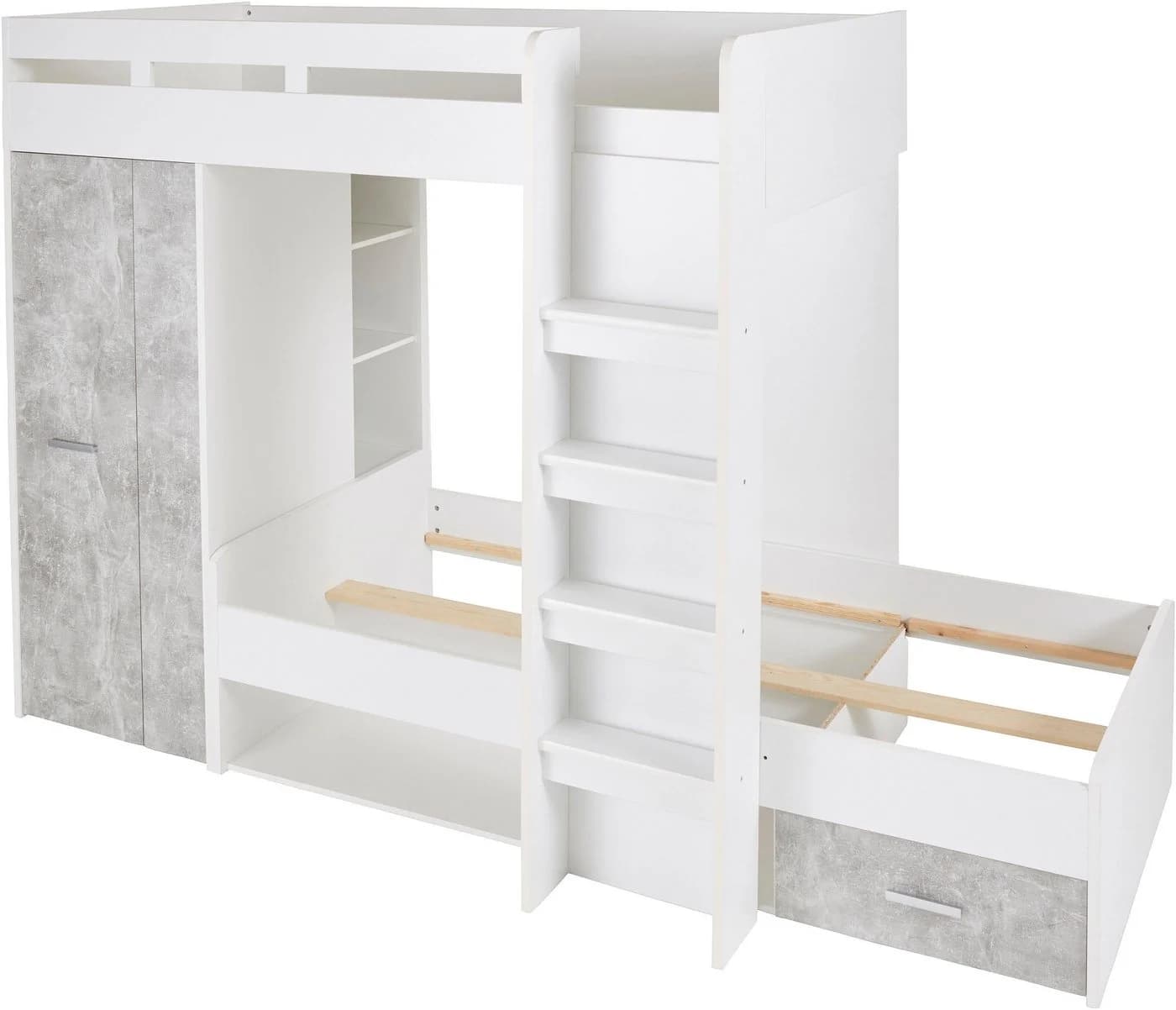 Hochbett BEGABINO MAXI Weiß/Betonfarben mit Kleiderschrank und Regalen - Bild 3