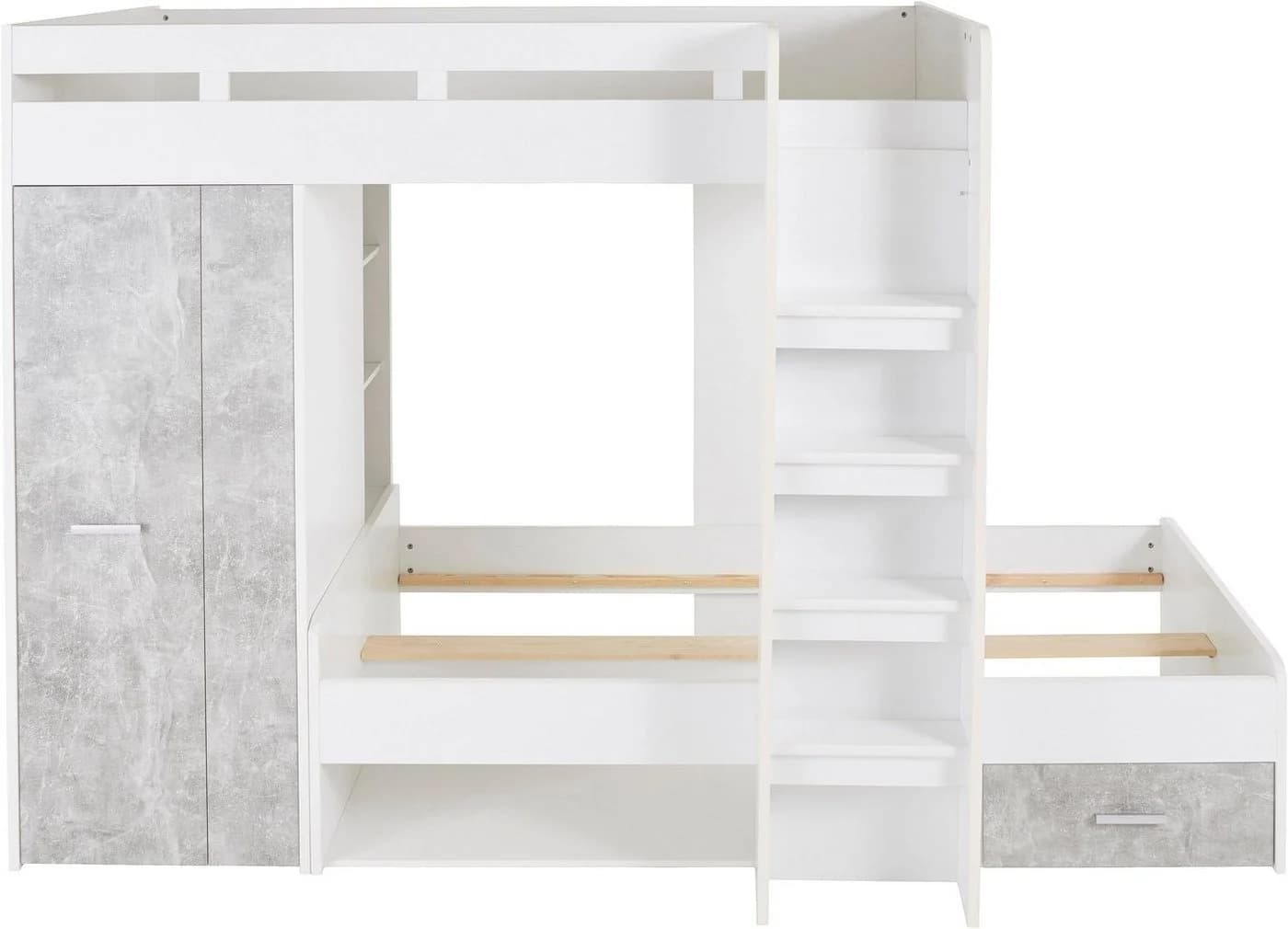 Hochbett BEGABINO MAXI Weiß/Betonfarben mit Kleiderschrank und Regalen - Bild 4