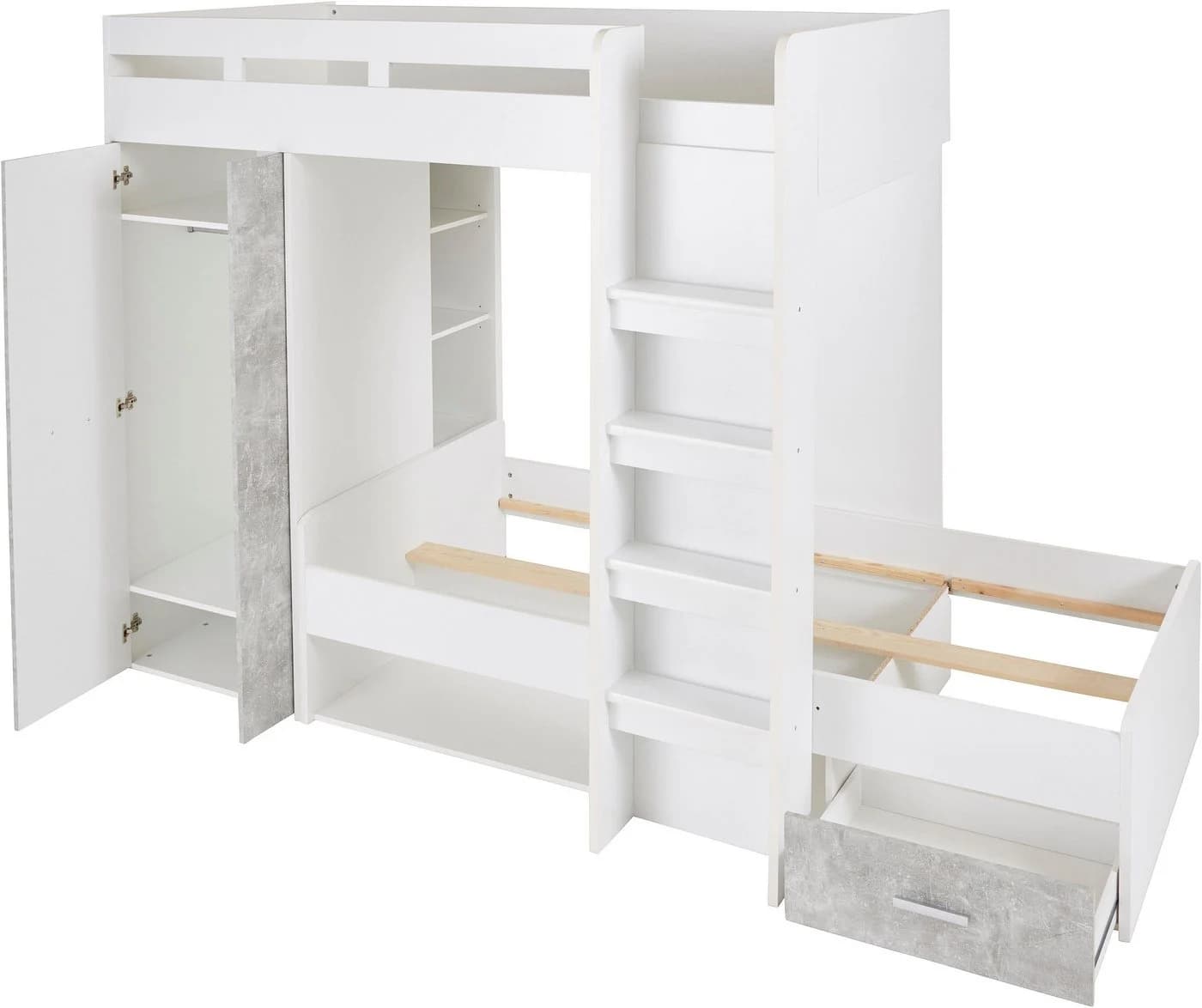 Hochbett BEGABINO MAXI Weiß/Betonfarben mit Kleiderschrank und Regalen - Bild 5