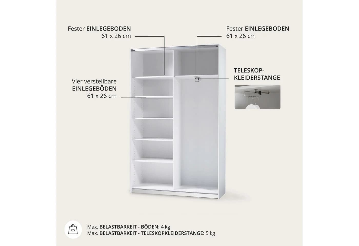 Schlafkontor Schwebetürenschrank Weiß 2-türig Holzwerkstoff - Bild 5