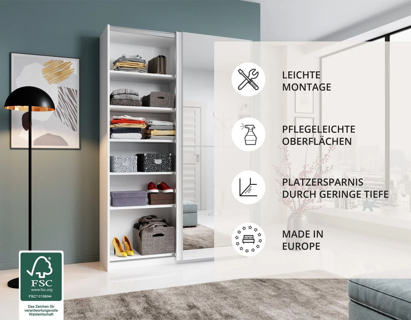 Schlafkontor Schwebetürenschrank Weiß 6 Böden Spiegel - Bild 3