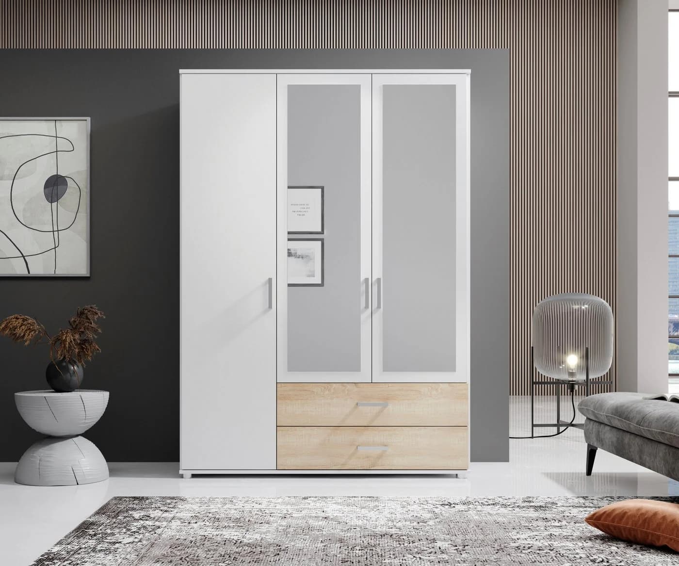 SCHLAFKONTOR Ivar Kleiderschrank mit Spiegeltüren Weiß/Eiche Sonoma - Bild 2